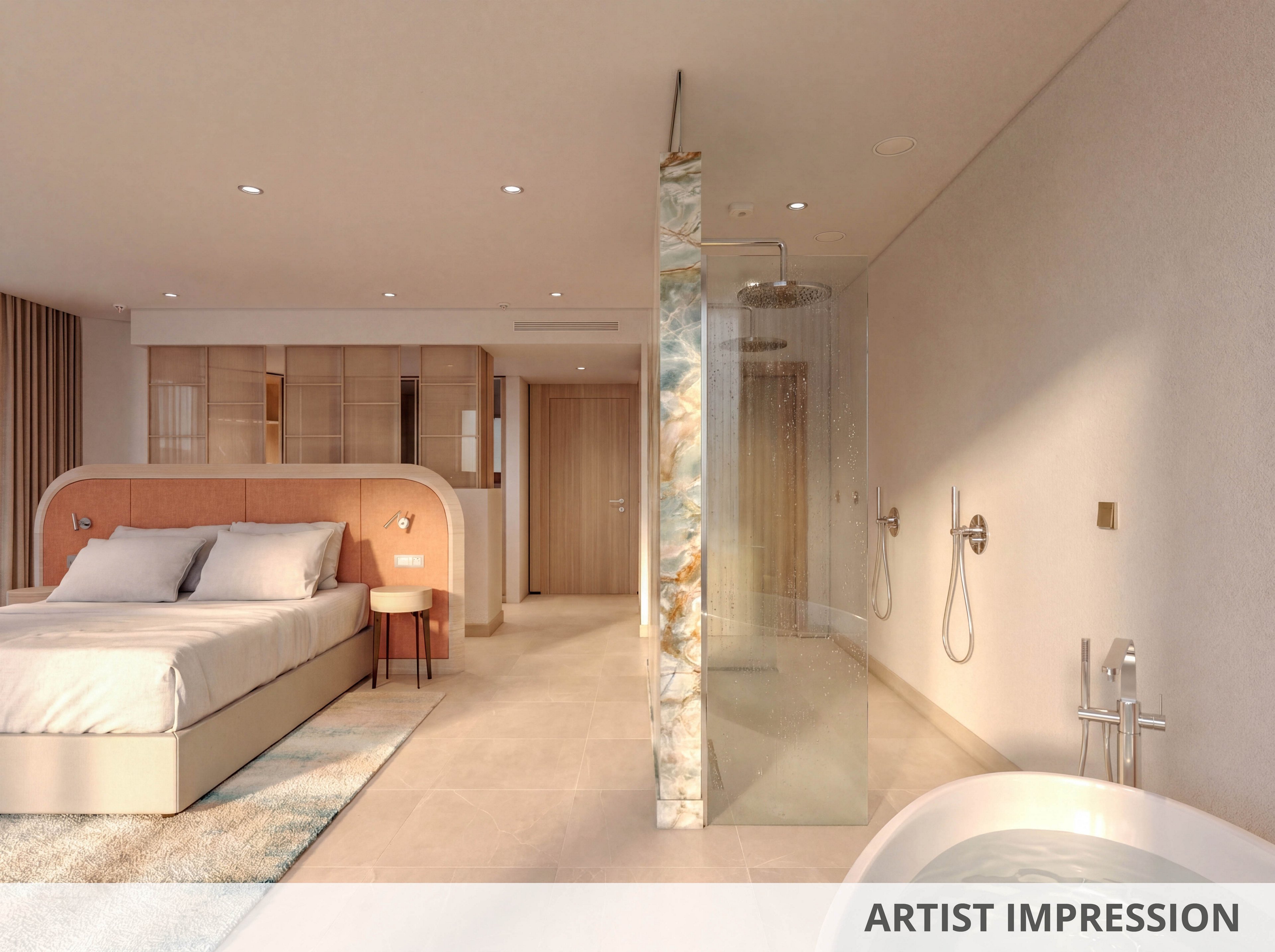 Artist impression of a contemporary hotel-style bedroom with an integrated bathroom area. A large bed with soft pink upholstered headboard sits beside a light rug on the tiled floor. The open glass shower enclosure features a marble-like partition, with a freestanding bathtub visible in the foreground. Warm neutral tones, recessed ceiling lights, and minimalist fixtures create a calm, luxurious atmosphere. The words "ARTIST IMPRESSION" appear in a band at the bottom of the image.