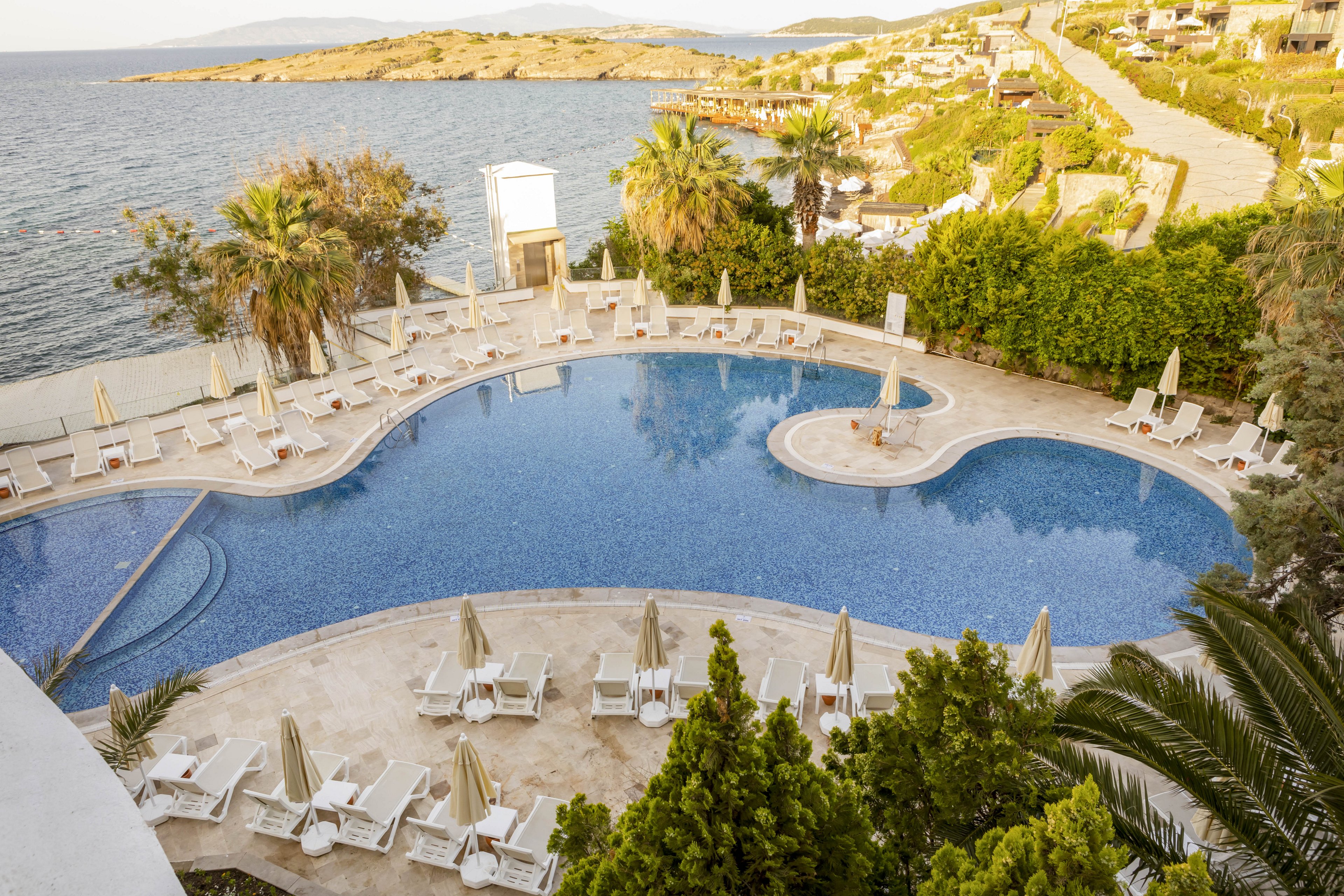 A large, curved swimming pool sits at the center of a seaside resort. Numerous white lounge chairs and umbrellas surround the pool on a stone-tiled deck. Lush green palm trees and hedges frame the pool area, leading the eye toward the calm blue sea. A winding coastal road and scattered buildings stretch along the shoreline in the background, creating a tranquil vacation atmosphere.