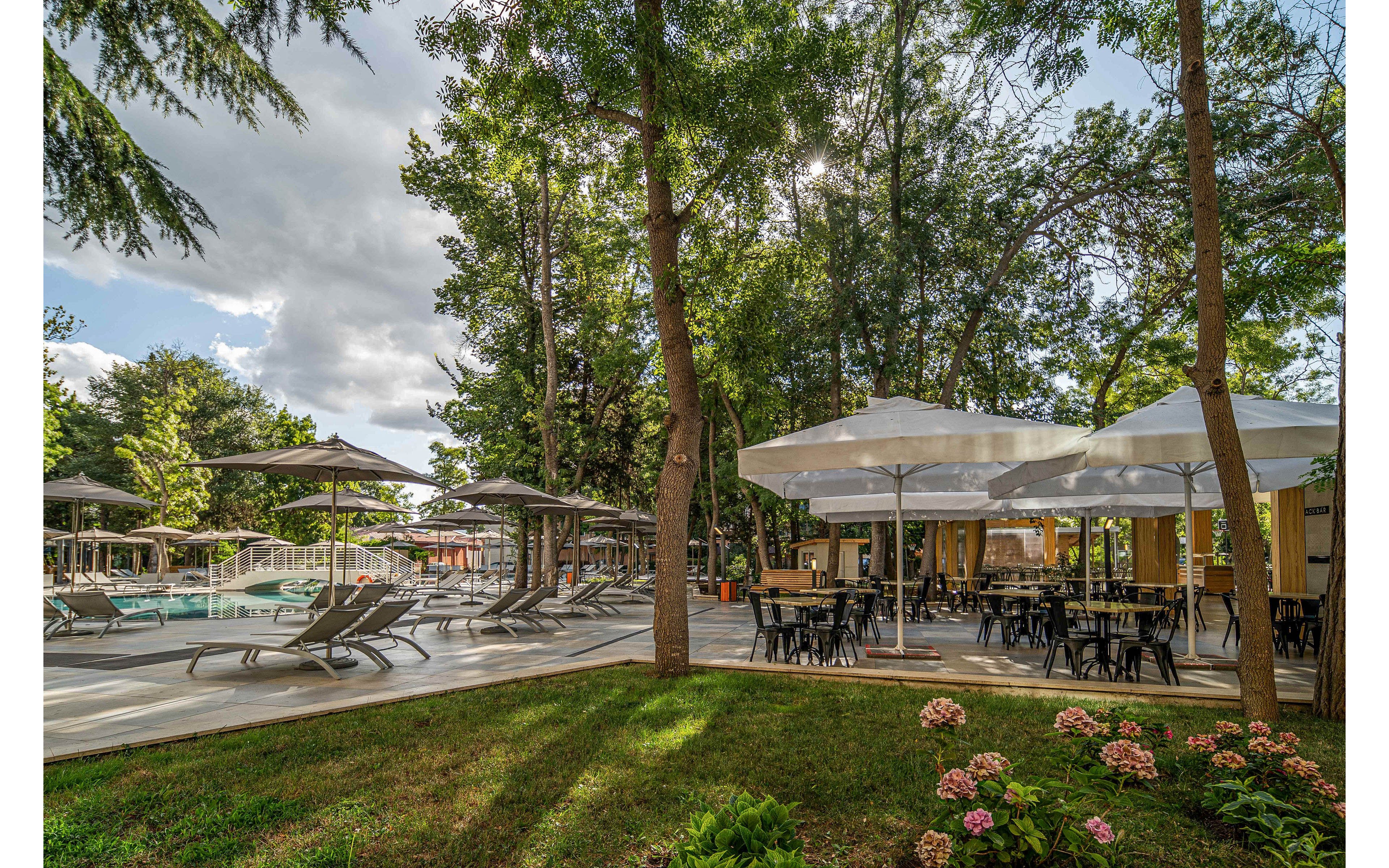 An outdoor poolside area features numerous lounge chairs and umbrellas arranged around a swimming pool. To the right, a shaded cafe terrace with tables and chairs sits beneath large white canopies. Tall trees surround the space, creating a green, tranquil atmosphere under a partly cloudy sky. Flowering plants and manicured grass add color and softness to the modern leisure setting.