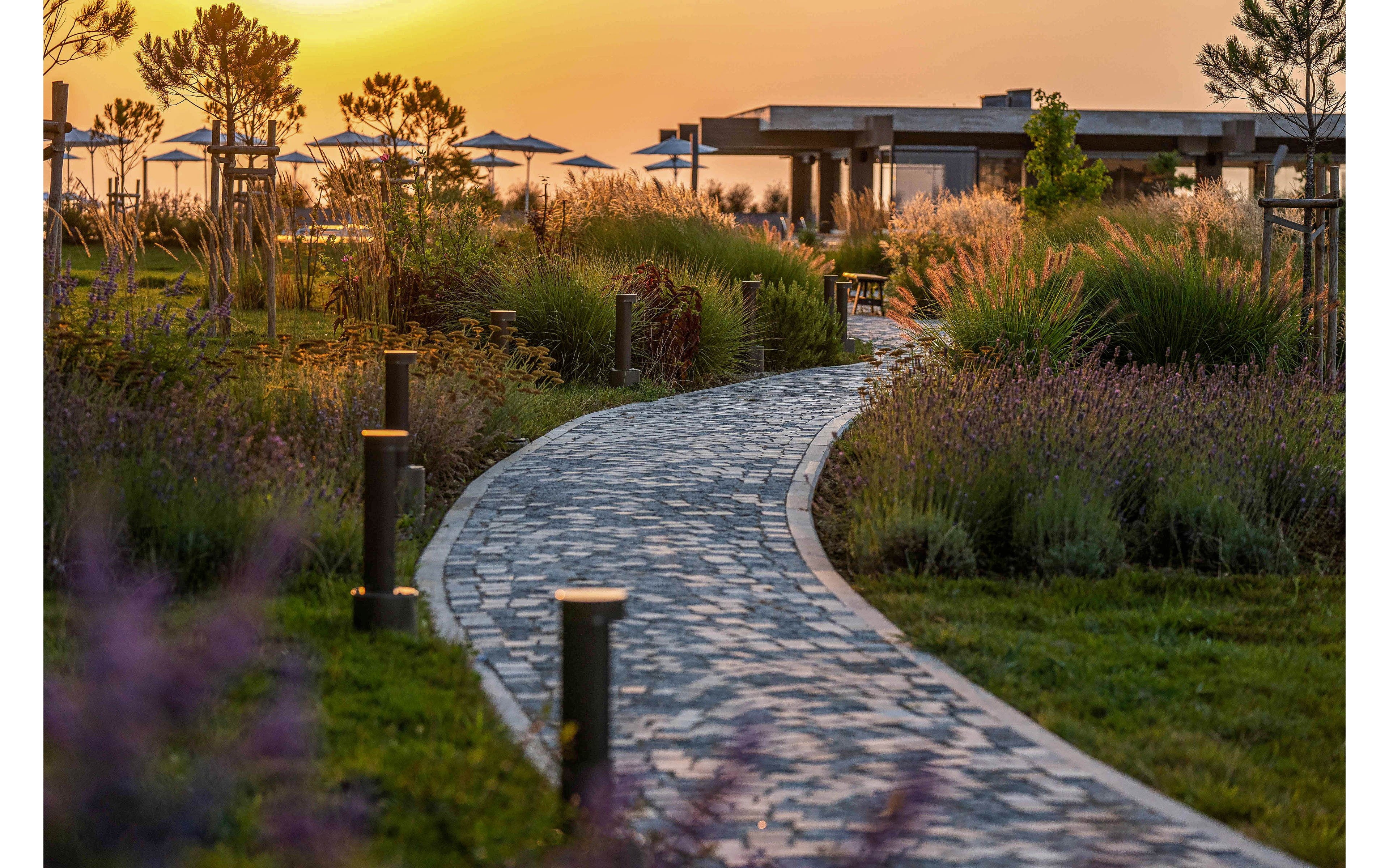 A gently curving stone pathway winds through a landscaped garden filled with tall grasses and flowering plants. Modern bollard lights line the path, leading toward a pavilion structure in the distance. White umbrellas and neatly arranged trees suggest a recreational or resort setting. The warm glow of the sunset casts golden light over the scene, enhancing the tranquil and inviting atmosphere.