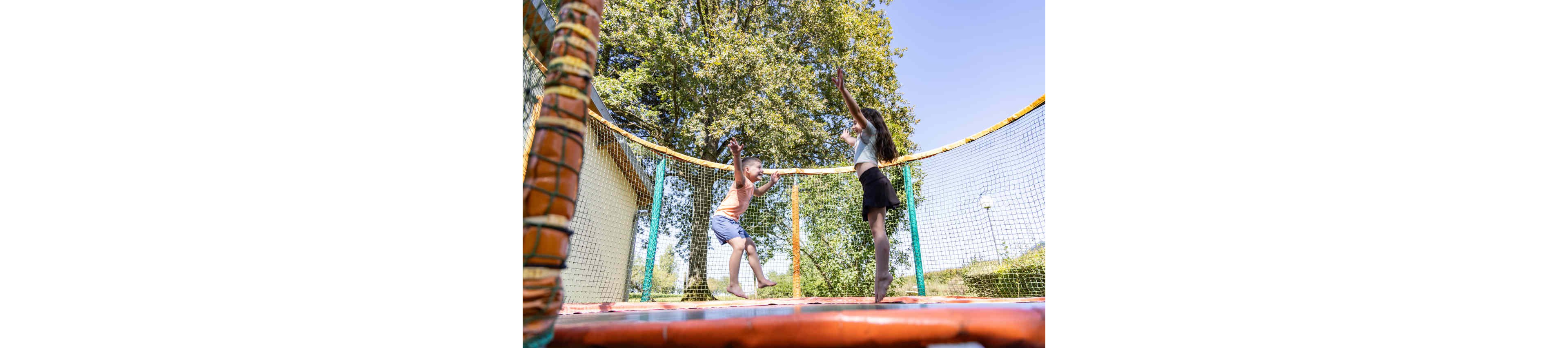 Two children are jumping together on an outdoor trampoline surrounded by safety netting. The scene is set in a sunny backyard or park area with large green trees in the background. One child is mid-air with arms raised while the other bounces nearby, suggesting energetic play. Bright daylight and vivid colors create a cheerful, active atmosphere.