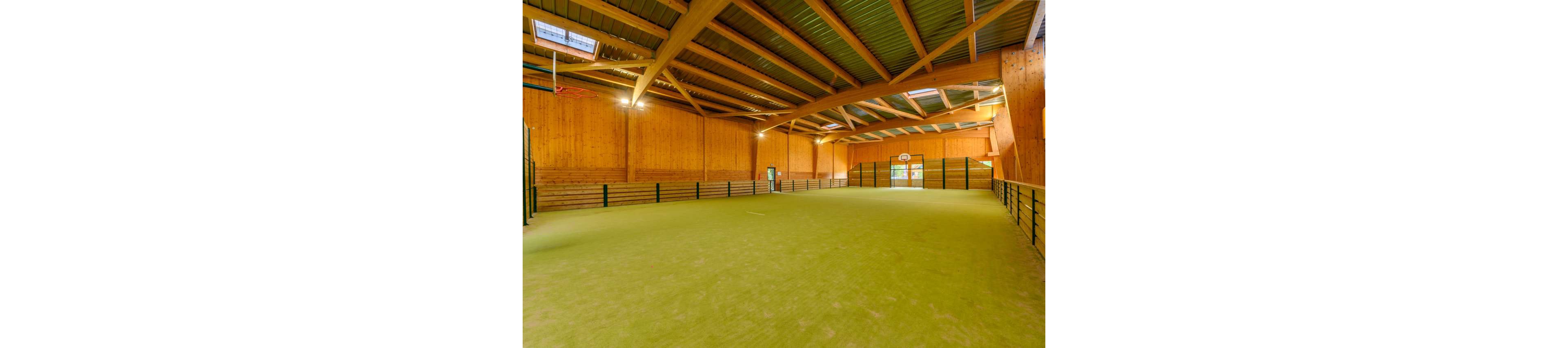 Spacious indoor sports hall featuring a bright green playing surface. The space is enclosed by warm wooden walls and a high ceiling with exposed beams. Metal railings line the sides of the court, and a basketball hoop is visible at one end. Natural light enters through skylights and windows, illuminating the empty, versatile sports area.