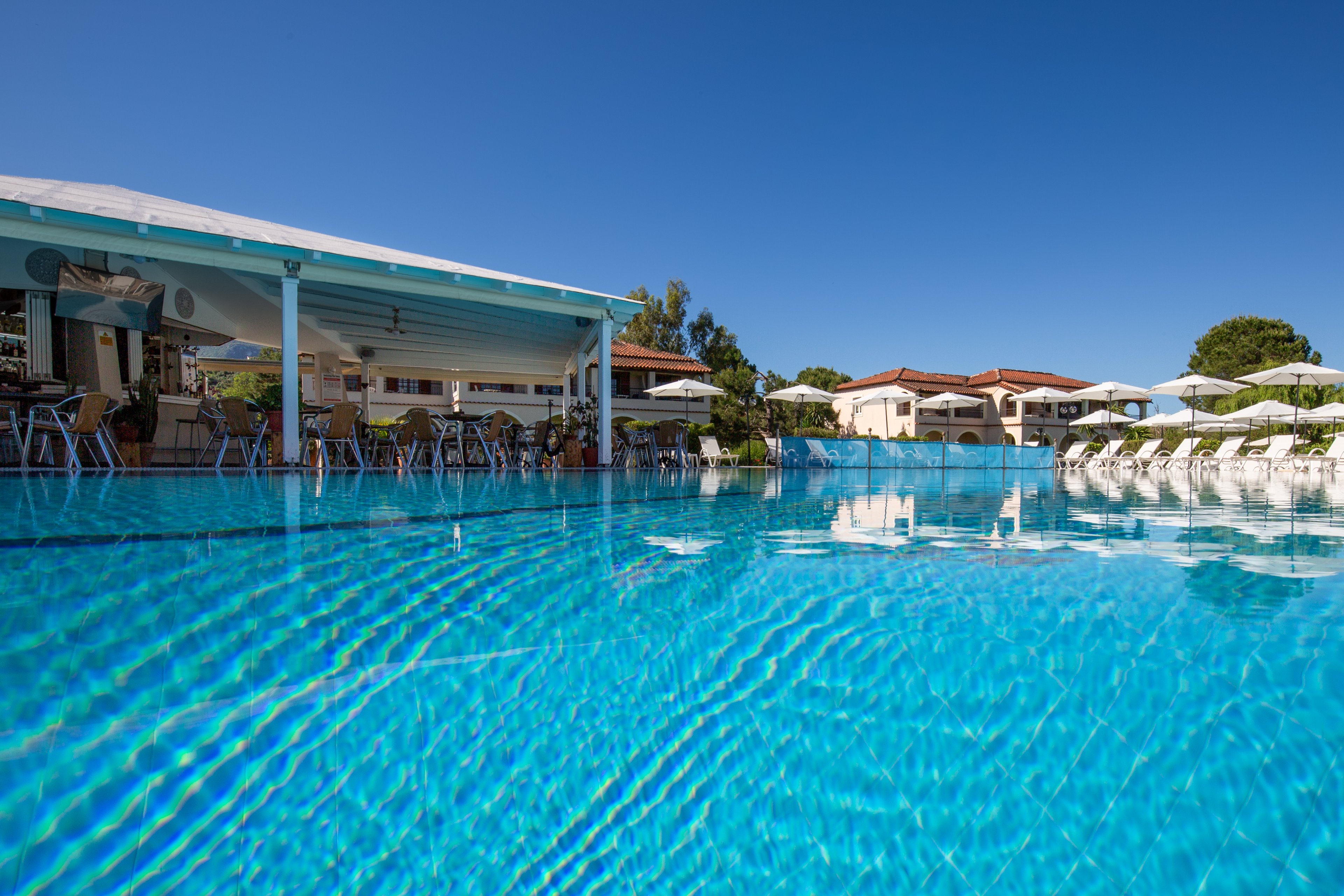 A large, clear blue swimming pool stretches across the foreground of a sunny resort scene. On the left side, a covered poolside bar with tables and chairs overlooks the water. White sun loungers and umbrellas line the far edge of the pool, facing toward low-rise buildings with red-tiled roofs. The bright daylight and cloudless blue sky create a relaxed vacation atmosphere. Trees and greenery add a touch of nature around the resort structures.