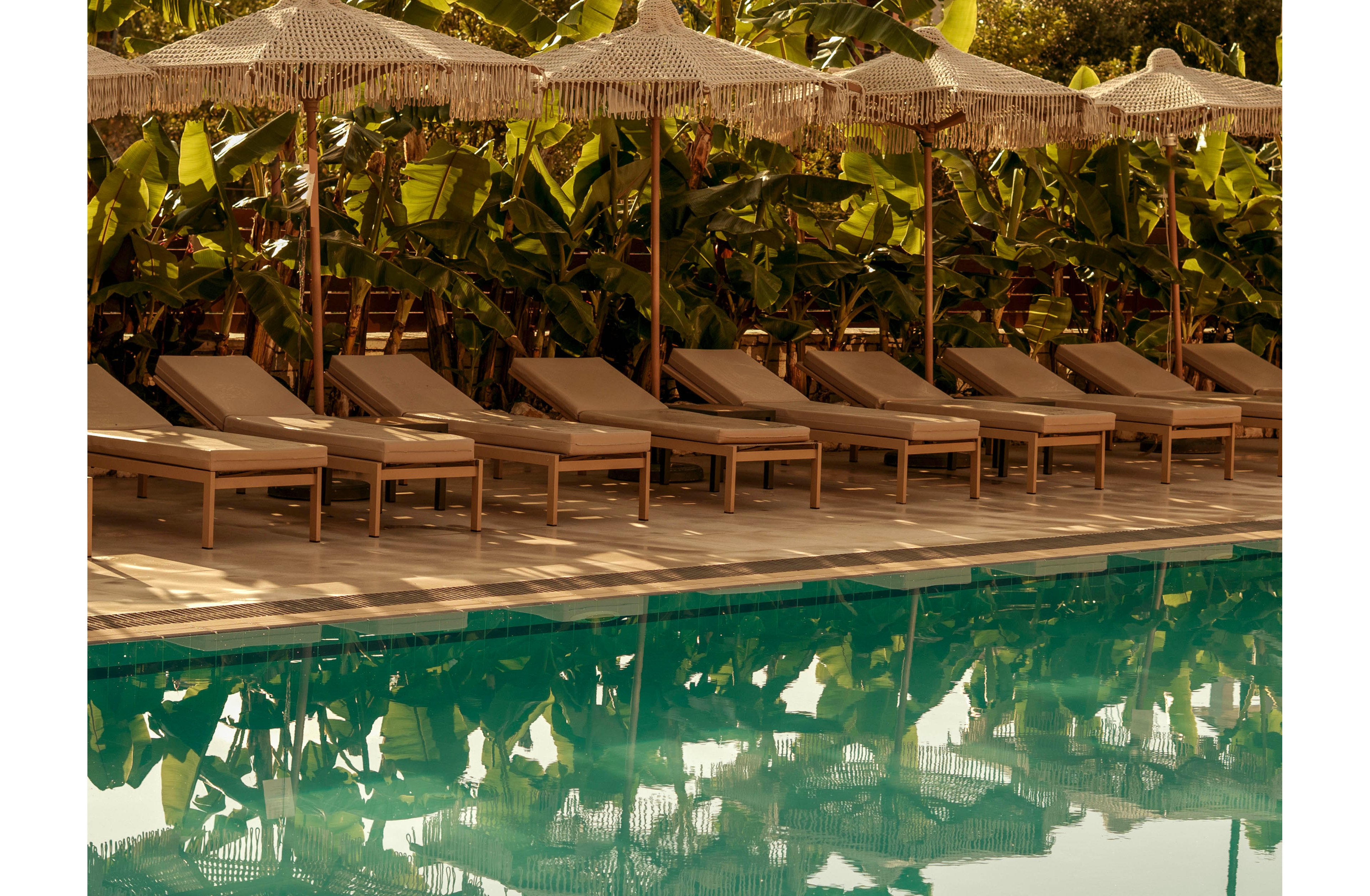 A row of beige sun loungers lines the edge of a clear turquoise swimming pool. Straw parasols provide shade above the loungers, creating a relaxed resort atmosphere. Lush green tropical plants form a dense backdrop behind the seating area. The warm lighting suggests a sunny day, enhancing the tranquil vacation mood.
