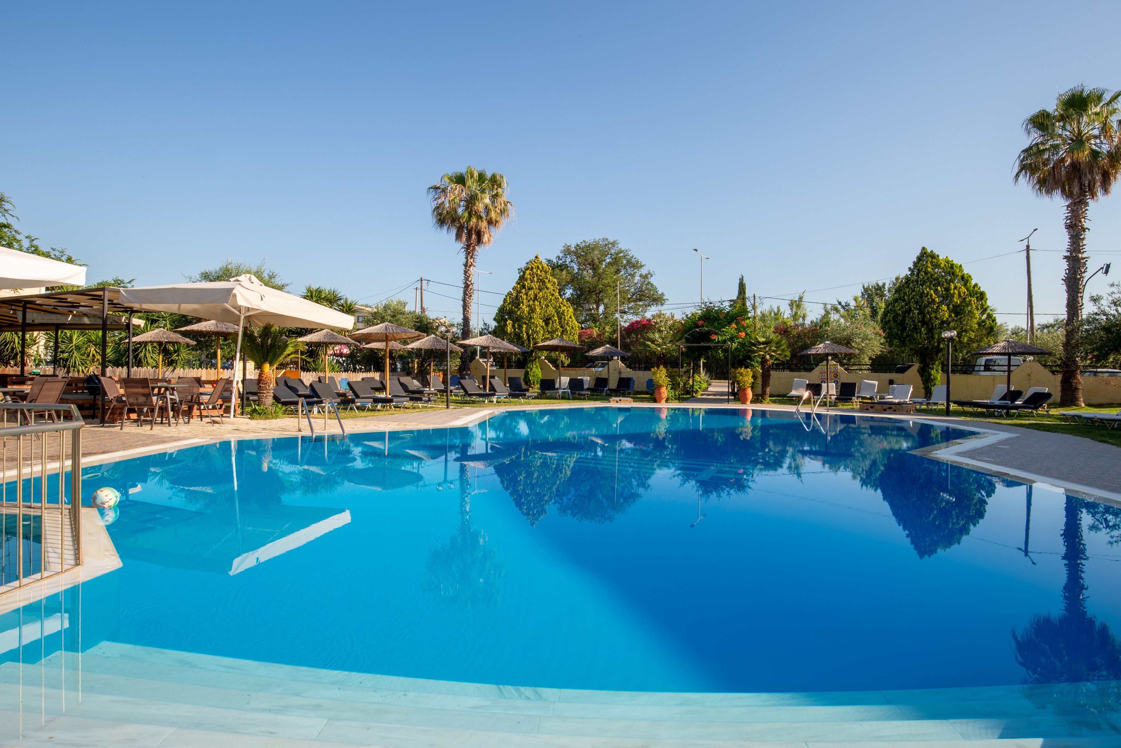 A clear blue outdoor swimming pool reflects the surrounding palm trees and bright sky. Sun loungers and umbrellas line the poolside, suggesting a relaxing resort or hotel setting. Green trees and neatly trimmed grass create a tranquil garden atmosphere around the water. The scene is captured in warm daylight, emphasizing a calm and inviting vacation mood.
