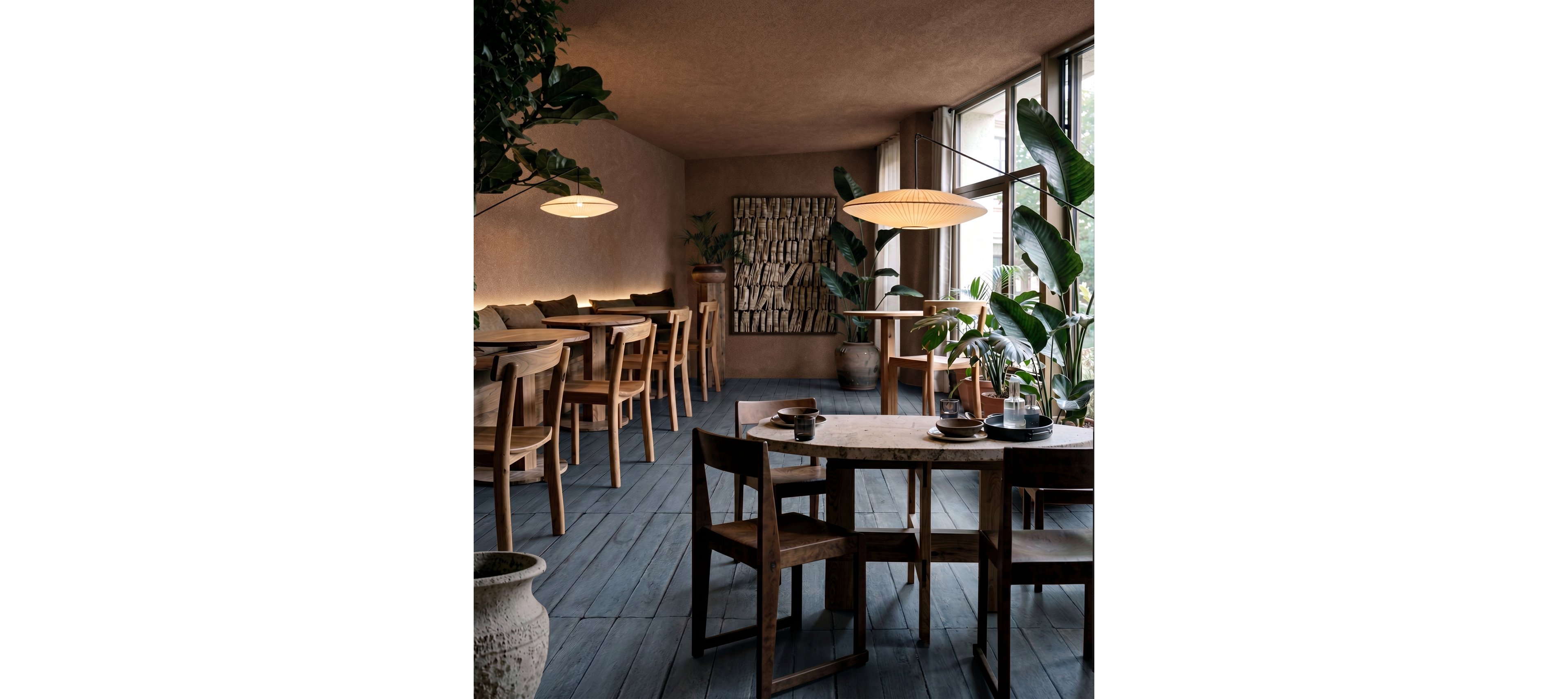 Warm, softly lit cafe interior featuring wooden tables and chairs arranged along large windows. The space includes potted plants, textured wall art, and pendant lights that create an inviting atmosphere. Natural light filters through the windows, highlighting the earthy tones of the walls and dark wooden floor. Table settings with cups and plates suggest a relaxed dining or coffee experience in a contemporary, minimalist environment.