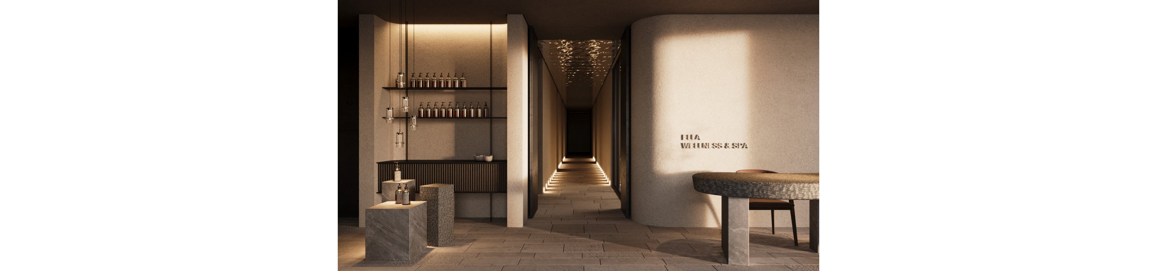 A contemporary wellness spa reception area features warm, minimalistic architecture and soft, indirect lighting. Shelves with neatly arranged bottles and a stone counter create a refined, luxurious atmosphere. A long, illuminated corridor extends into the background, enhancing depth and calm. The wall text reads "HIA WELLNESS & SPA," emphasizing the tranquil, high-end spa setting.