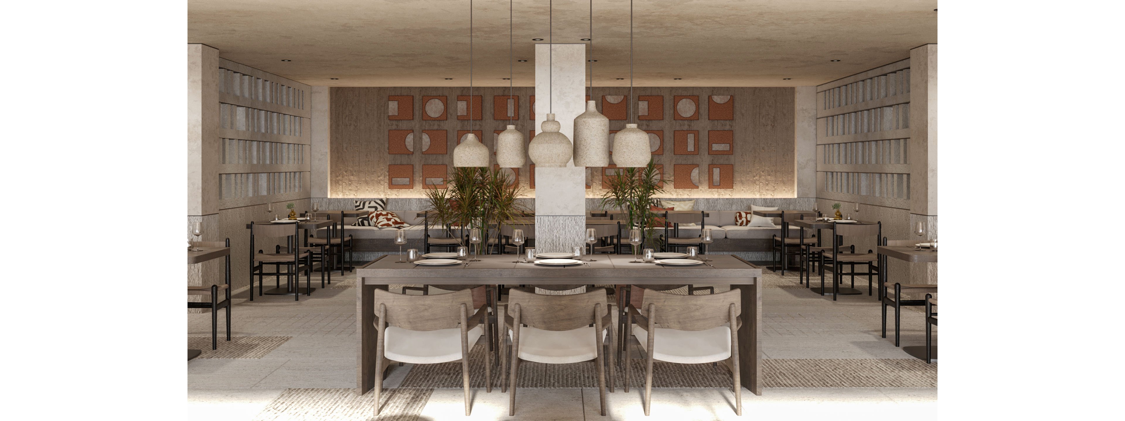 A contemporary restaurant interior features a long communal wooden table with light upholstered chairs in the foreground. Smaller dining tables and chairs are arranged symmetrically throughout the space, creating an organized and inviting layout. Pendant lights hang above the central table, while decorative wall panels and built-in shelving add texture to the neutral-toned room. Green plants and soft, indirect lighting contribute to a calm, sophisticated atmosphere suitable for upscale dining.