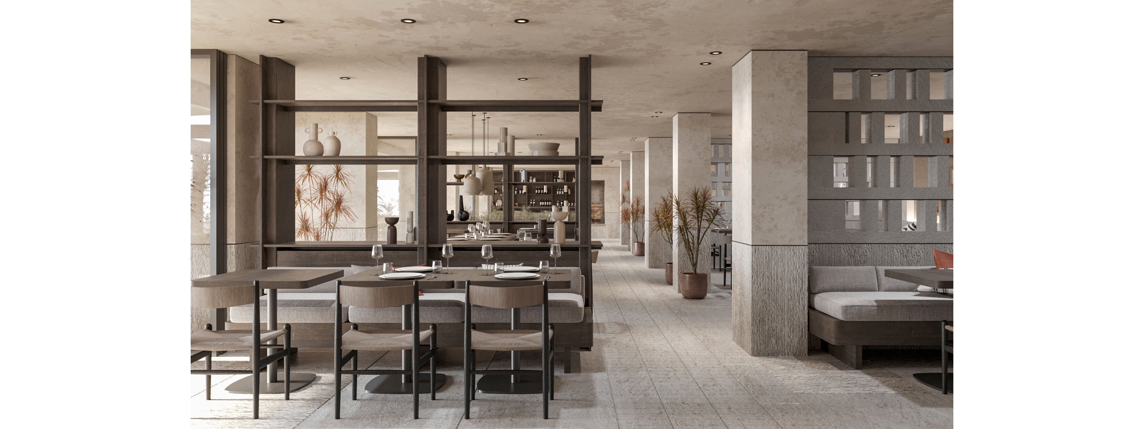 A contemporary restaurant interior features clean lines, neutral colors, and minimalist furnishings. Wooden tables and upholstered chairs are neatly arranged in an open-plan dining area. Decorative shelves with vases and dried plants divide the space while maintaining visibility. Soft natural light and subtle ceiling spotlights create a calm, inviting atmosphere. The overall design emphasizes simplicity, texture, and modern elegance.
