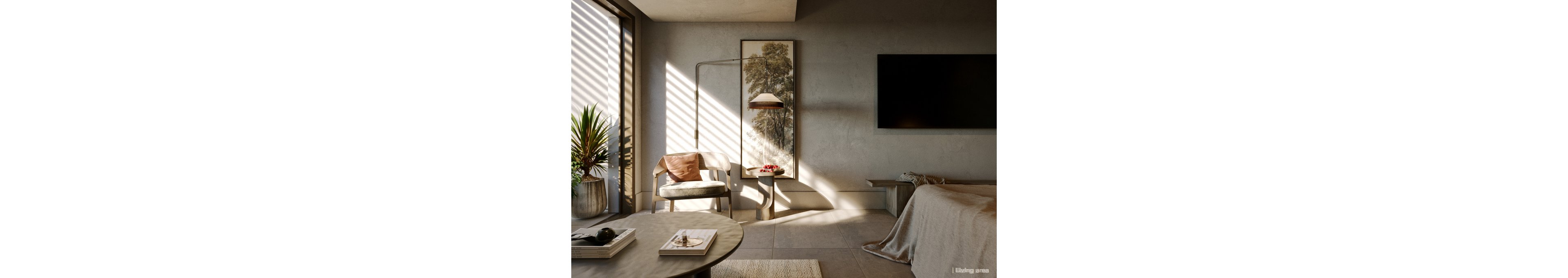 A modern minimalist living area is bathed in warm sunlight streaming through a large window with blinds. A cozy armchair, floor lamp, and side table with a bowl of red fruit create a relaxed seating corner beside a nature-themed wall art piece. A sleek flat-screen television is mounted on the wall opposite a low bench and bed or daybed. Neutral tones, soft shadows, and clean lines emphasize a calm, contemporary atmosphere.