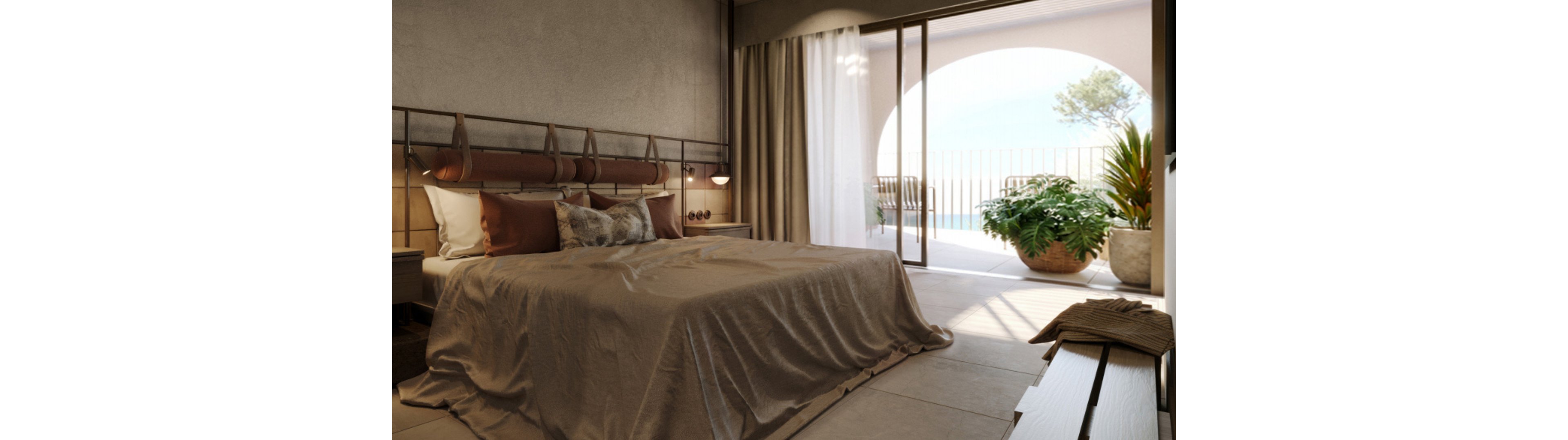 A contemporary bedroom features a neatly made bed with neutral bedding and warm accent pillows. Soft natural light enters through large sliding glass doors that open to a terrace. Outside, potted green plants and a distant view of water create a serene atmosphere. The interior palette is earthy and minimal, emphasizing comfort and relaxation.