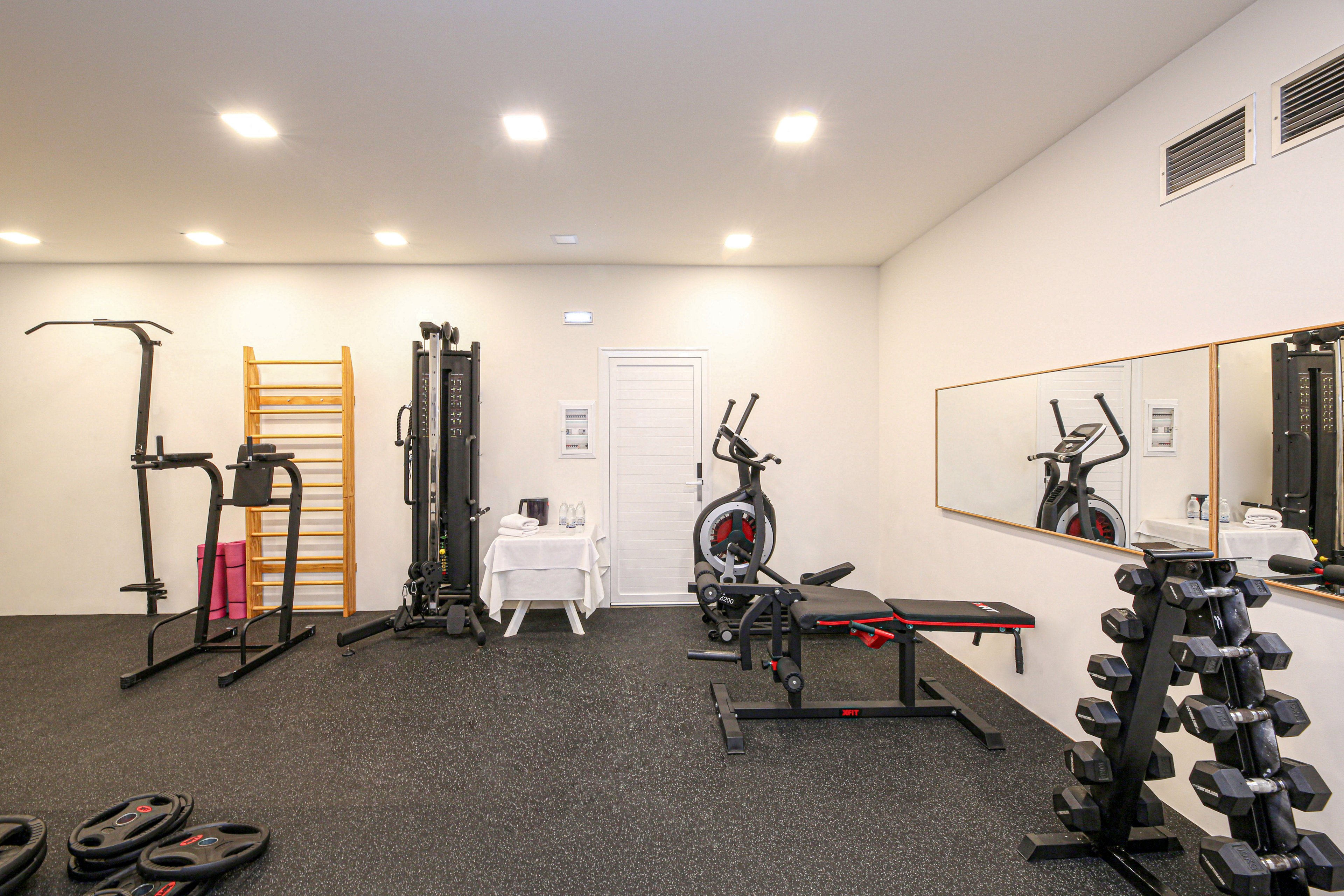 Bright, modern gym interior featuring a variety of workout machines and free weights. Cardio and strength equipment, including an exercise bike, weight bench, and cable machine, are arranged along the walls. A wooden wall ladder and neatly stacked dumbbells add to the functional training setup. Large wall mirror and clean white walls create an open, spacious feel suitable for personal workouts.