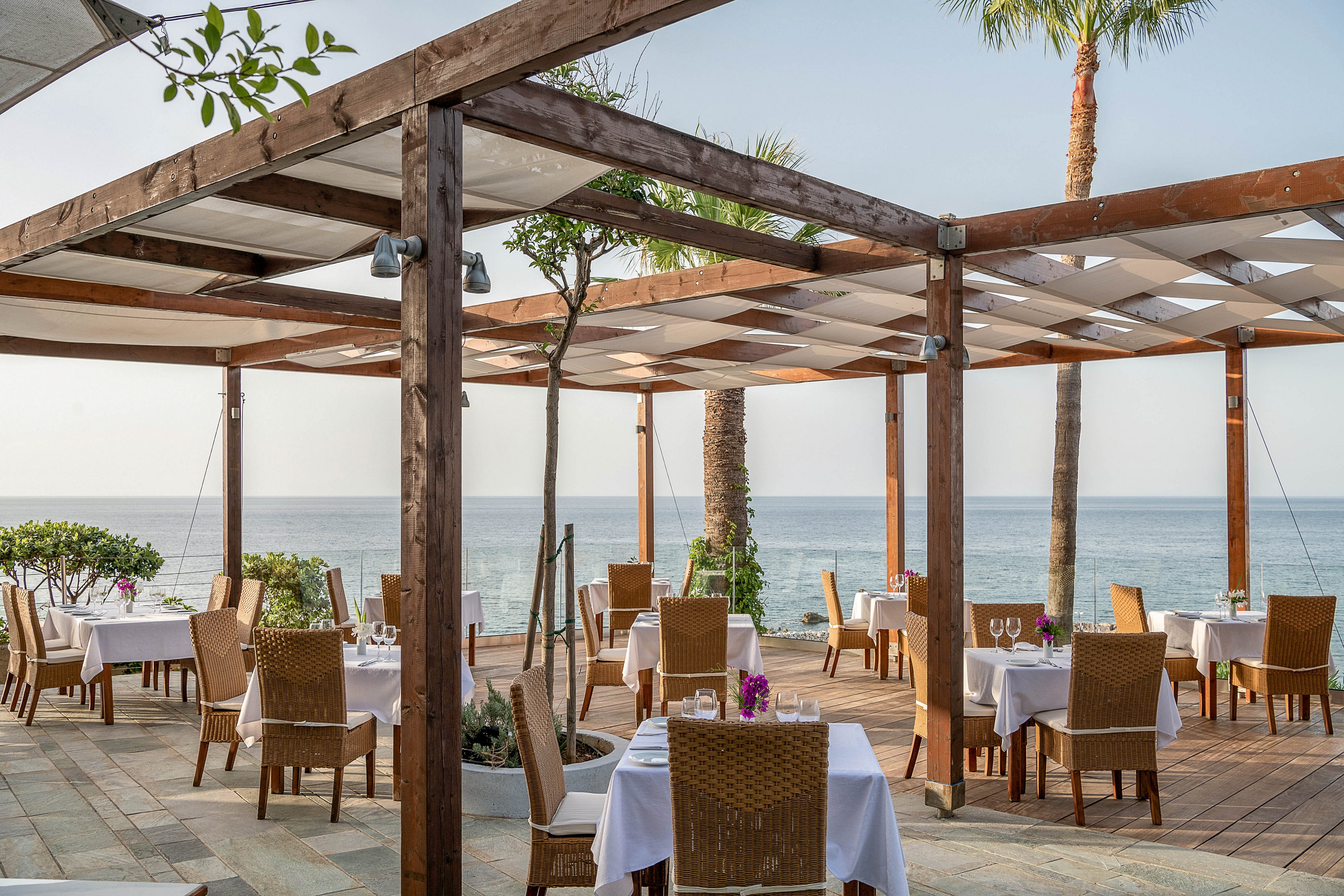 An elegant open-air restaurant overlooks a calm ocean under a clear sky. Wooden pergolas frame the terrace, providing partial shade over neatly arranged tables with white tablecloths. Wicker chairs surround each table, some set with glassware and small floral centerpieces. Palm trees and coastal plants add a tropical touch, creating a relaxed yet refined seaside dining atmosphere.