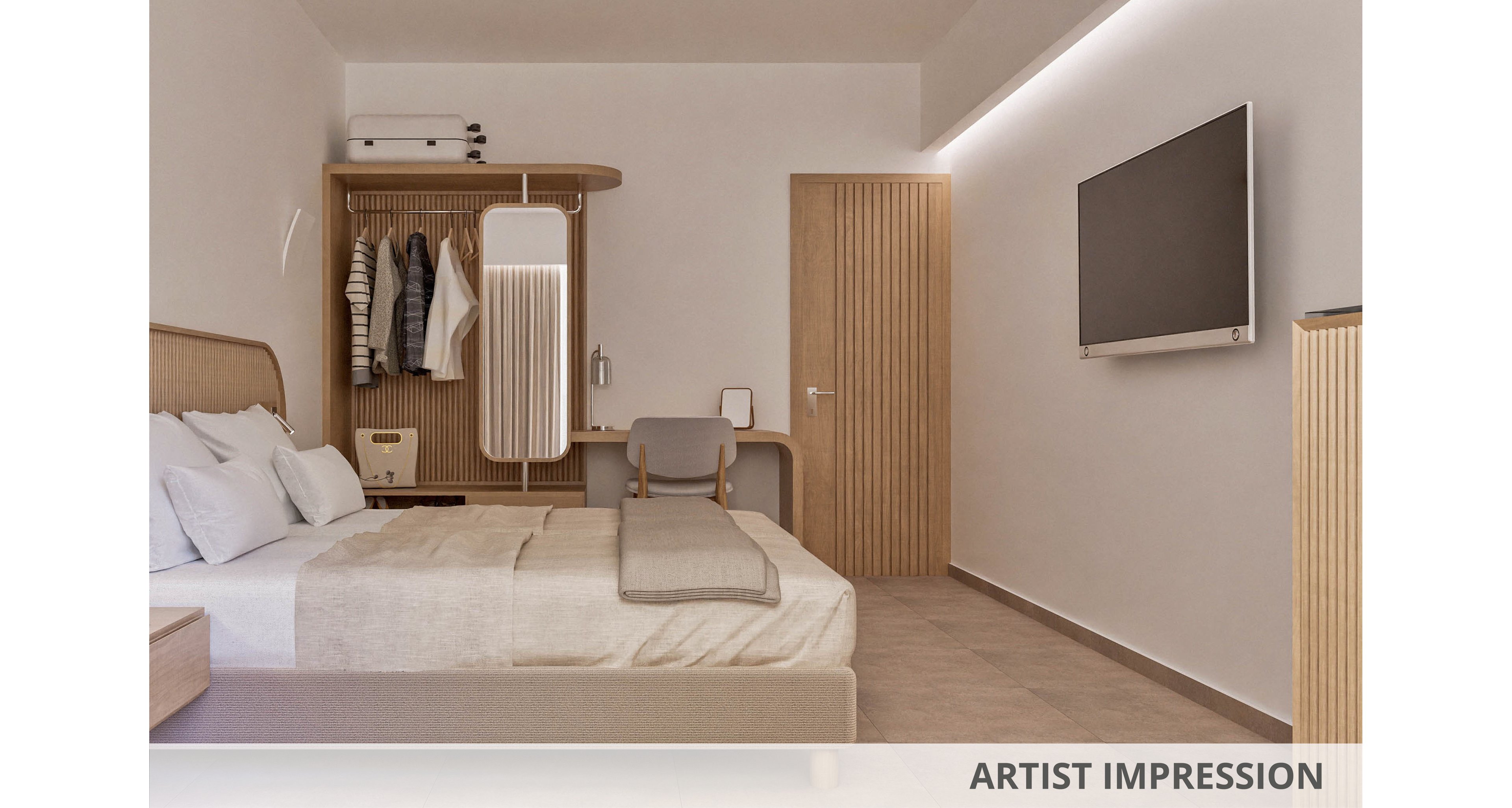 Rendered view of a modern minimalist bedroom with a double bed and soft neutral tones. A wooden wardrobe with hanging clothes and a vertical mirror stands beside a compact desk and chair. A large flat-screen television is mounted on the wall opposite the bed, and a wooden door leads out of the room. Clean lines, warm wood textures, and soft lighting create a calm, contemporary atmosphere. The text "ARTIST IMPRESSION" appears along the bottom edge of the image.
