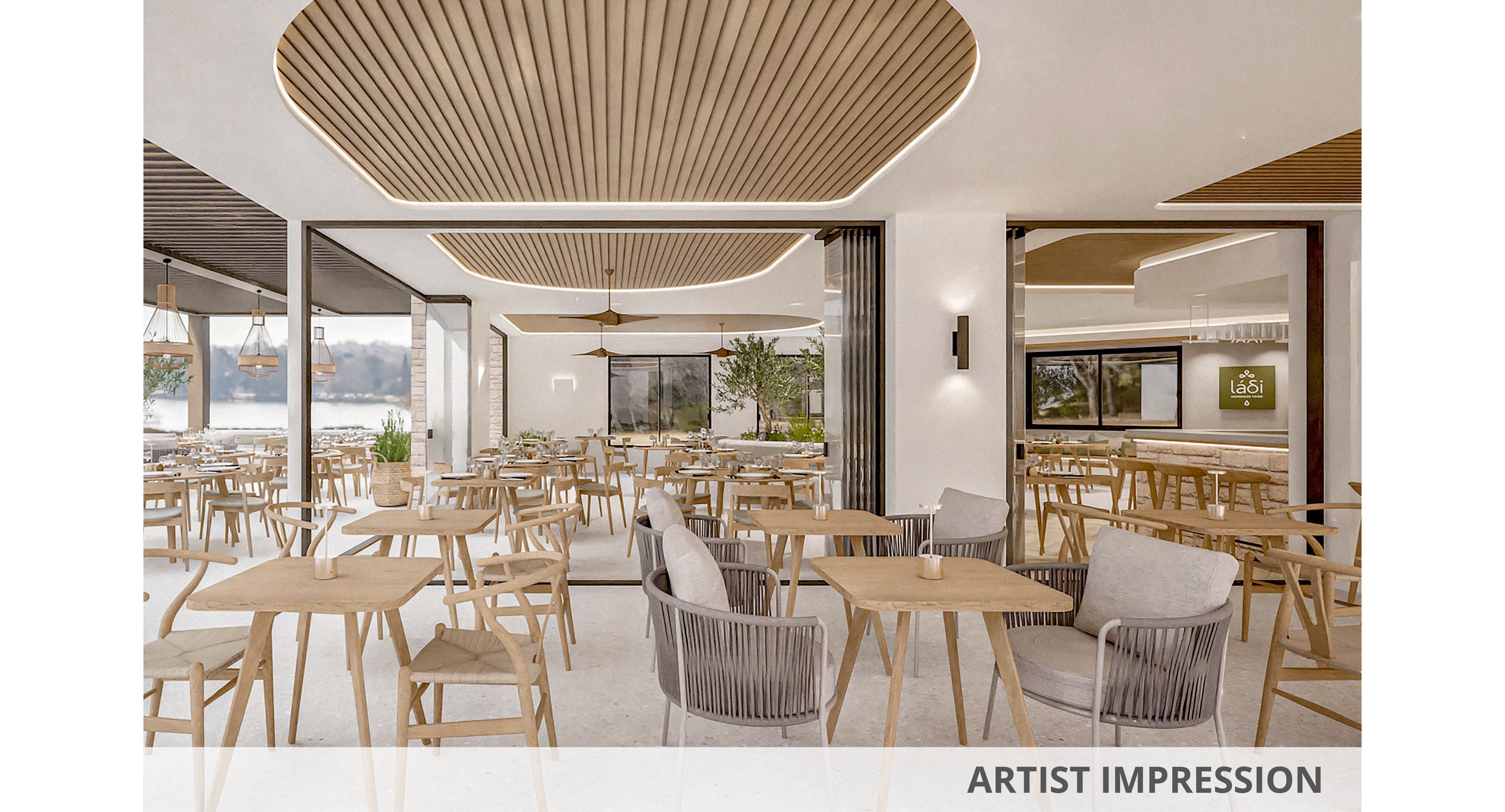 Architectural rendering of a contemporary open-air restaurant with light wooden tables and chairs. The space features large sliding glass openings, sculpted ceiling panels, and integrated lighting. Neutral tones and minimalist decor create a bright, airy atmosphere with views to the outdoors. A caption at the bottom reads "ARTIST IMPRESSION," indicating this is a conceptual visualization.