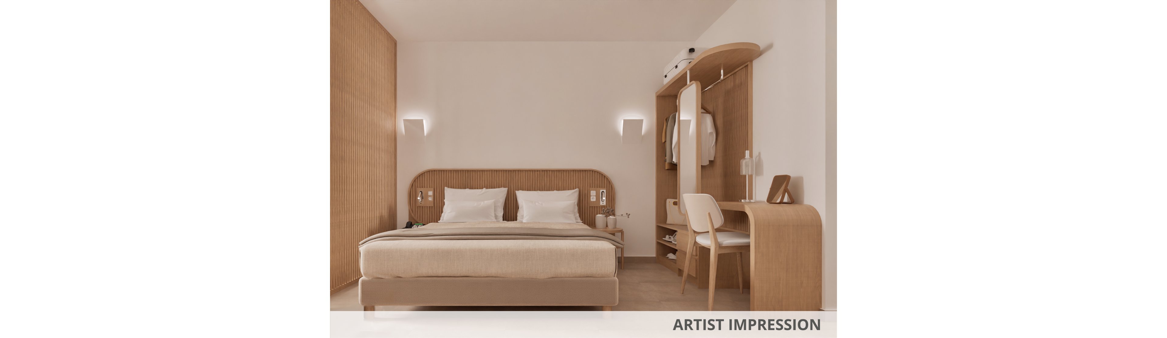 Artist impression of a contemporary hotel-style bedroom featuring a large double bed with wooden frame and neutral bedding. The room includes built-in wooden wardrobe storage, a small desk with chair, and soft wall-mounted lighting. Warm wood tones and beige surfaces create a calm, minimalist aesthetic. The text "ARTIST IMPRESSION" appears along the bottom edge of the image.