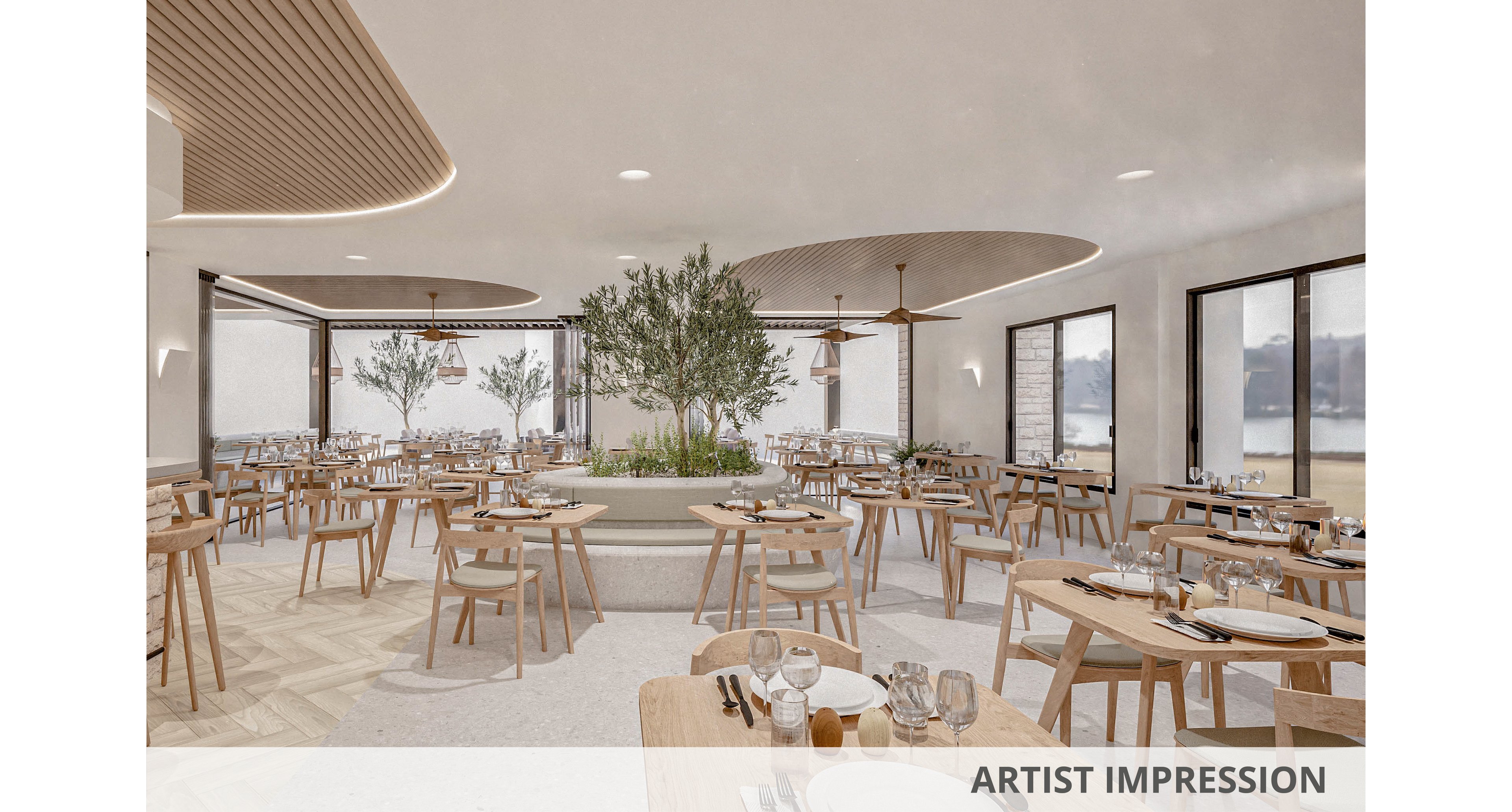 Architectural rendering of a contemporary restaurant dining area with minimalist wooden tables and chairs. The space features large windows, neutral tones, and a central planter with trees, creating an airy and natural atmosphere. Table settings with glassware and plates suggest a prepared dining experience. The words "ARTIST IMPRESSION" appear in the lower right corner, indicating a conceptual visualization of the design.