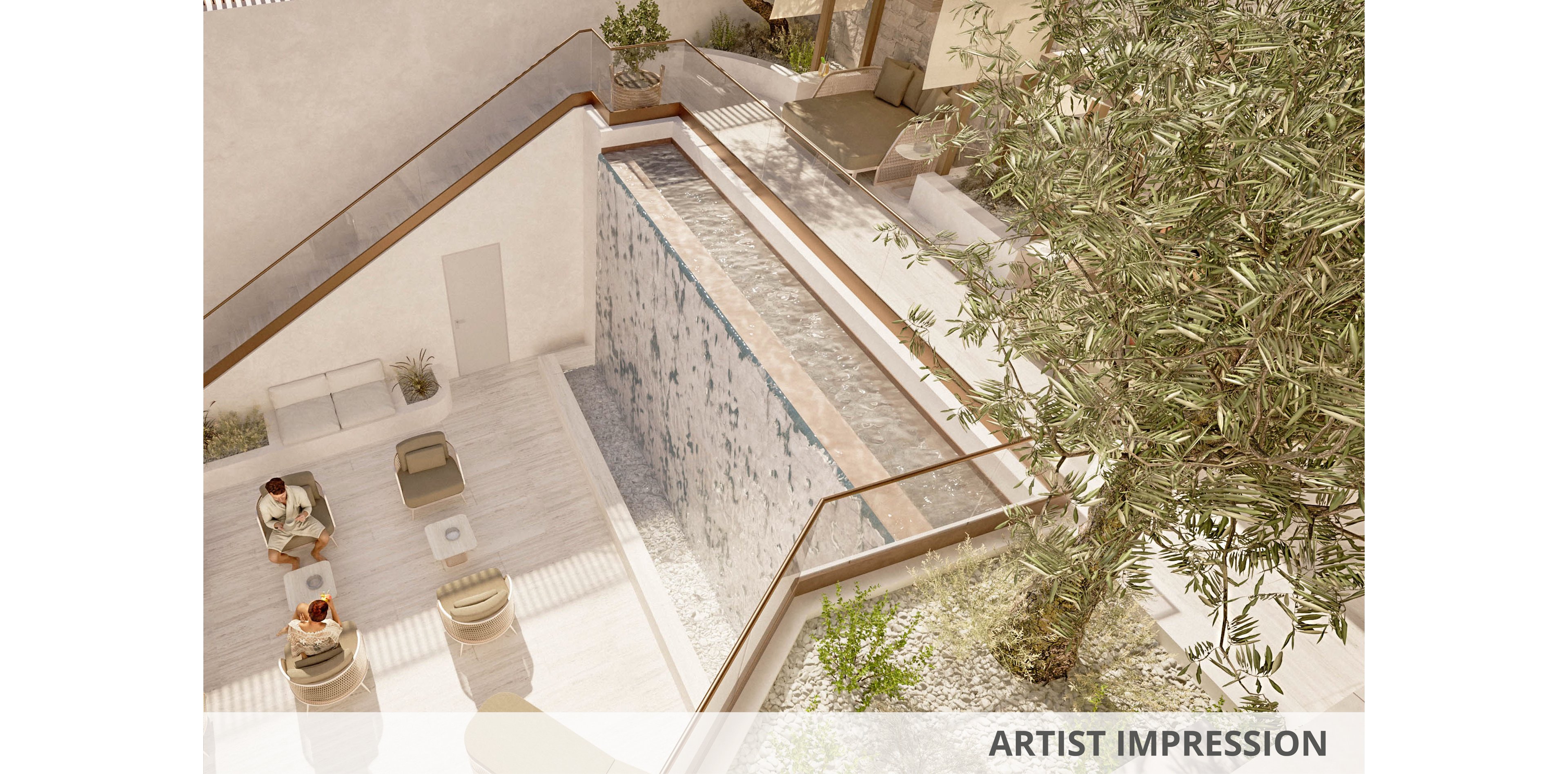 Rendered view of a contemporary courtyard featuring a long, narrow waterfall pool bordered by glass railings. Two people sit on lounge chairs around a small table on a light stone terrace, suggesting a relaxed social setting. The space is surrounded by minimalist architecture, potted plants, and a large tree, all in warm neutral tones. The words "ARTIST IMPRESSION" appear in the lower right corner, indicating a conceptual visualization.