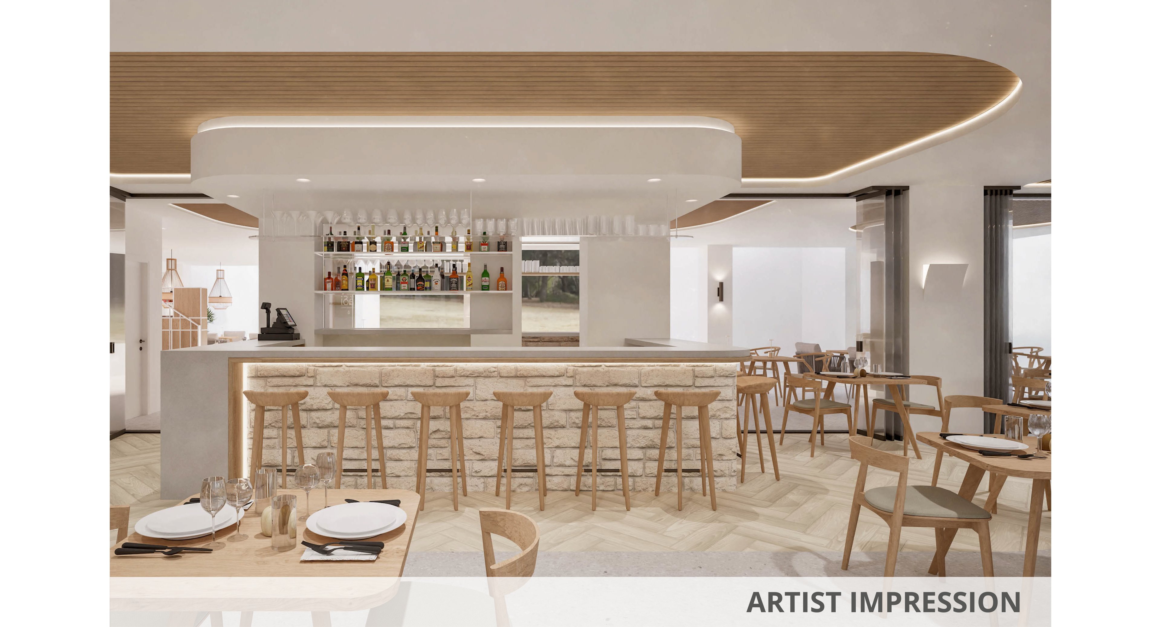 Rendered visualization of a contemporary bar interior with a central counter and wooden bar stools. The space features light wood flooring, neutral-toned walls, and soft ceiling lighting that creates a warm, inviting atmosphere. Shelves behind the bar display assorted bottles, while simple wooden chairs and tables are arranged for dining. The words "ARTIST IMPRESSION" appear in the bottom right corner, indicating this is a conceptual design.