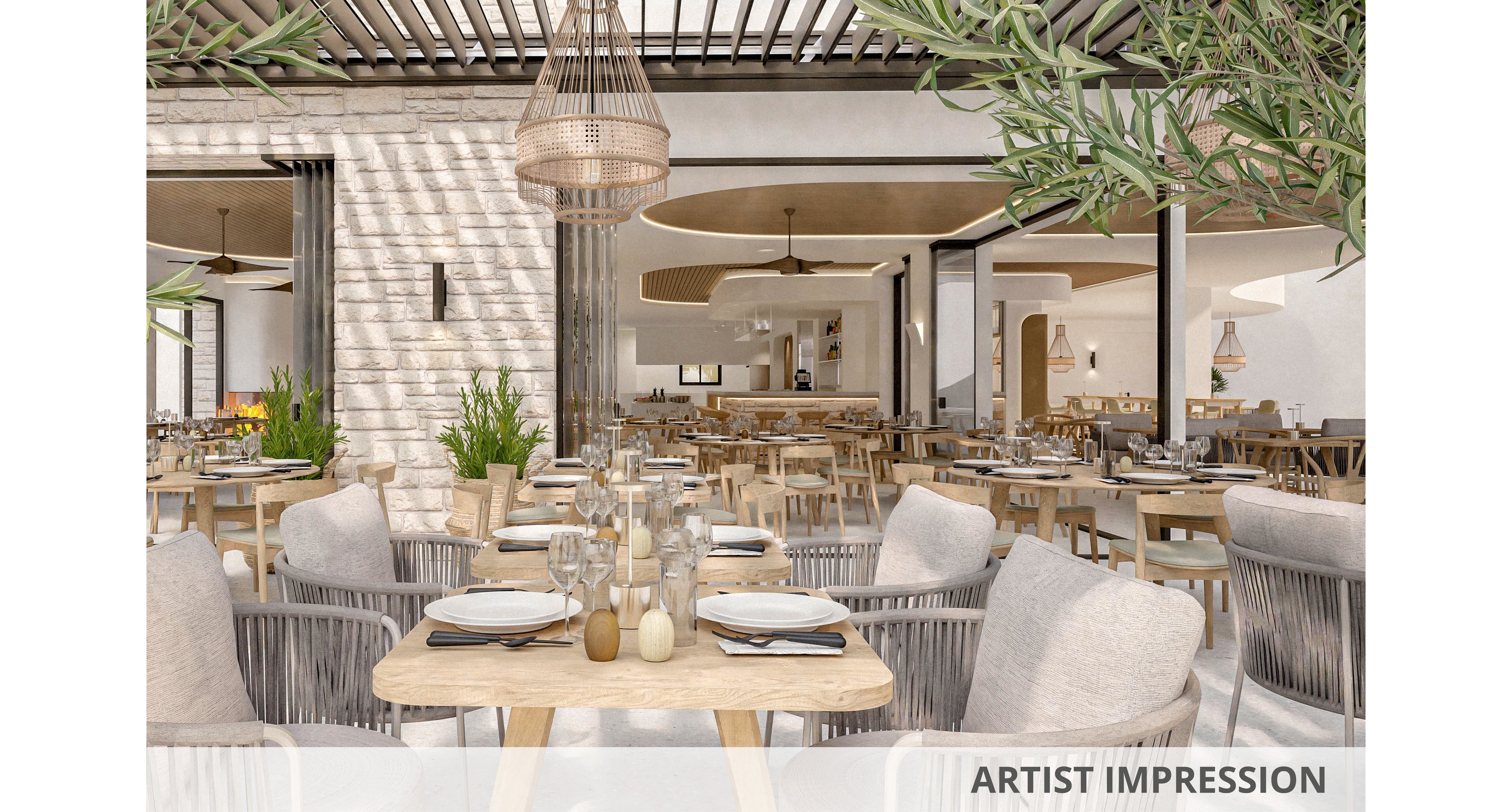 Rendered view of a contemporary restaurant dining area with light wood tables and cushioned chairs. The setting features neutral tones, woven pendant lighting, and indoor greenery creating a relaxed coastal atmosphere. Place settings with plates, cutlery, and glassware are arranged neatly on the tables, suggesting readiness for guests. Architectural details include stone walls, open ceilings, and a spacious layout leading toward the bar and service counter. The text "ARTIST IMPRESSION" appears along the bottom edge of the image.