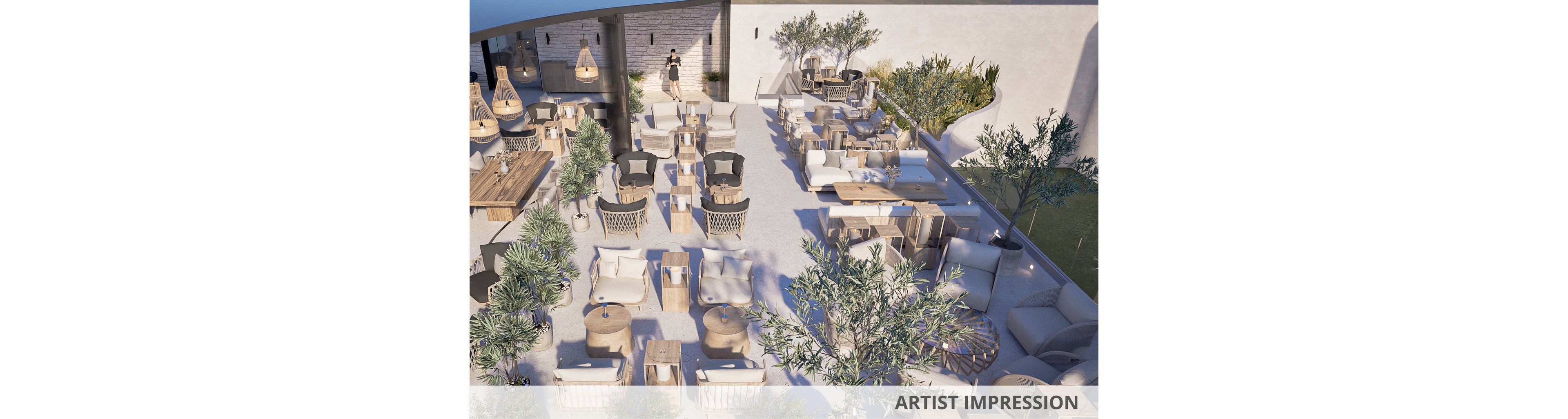 Architectural rendering of a contemporary outdoor lounge terrace with numerous cushioned chairs, sofas, and wooden tables. The space features neutral-toned furniture, hanging woven light fixtures, and integrated planters with trees and shrubs. A single person walks through the central aisle, adding scale to the open-air setting. The words "ARTIST IMPRESSION" appear along the bottom edge of the image.