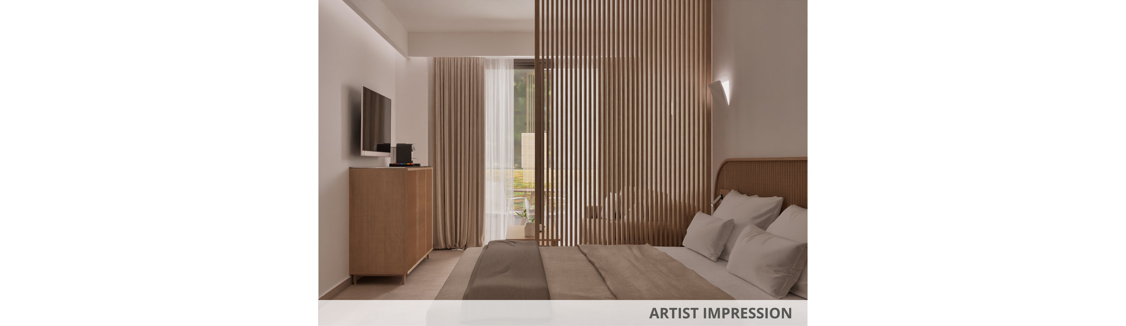 Artist impression of a contemporary bedroom featuring a double bed with white pillows and neutral bedding. A vertical wooden slat partition separates the sleeping area from the rest of the room, adding texture and warmth. Floor-to-ceiling curtains frame a large window or balcony door, allowing natural light to enter. A wall-mounted television and simple wooden cabinet complete the clean, minimalist interior.