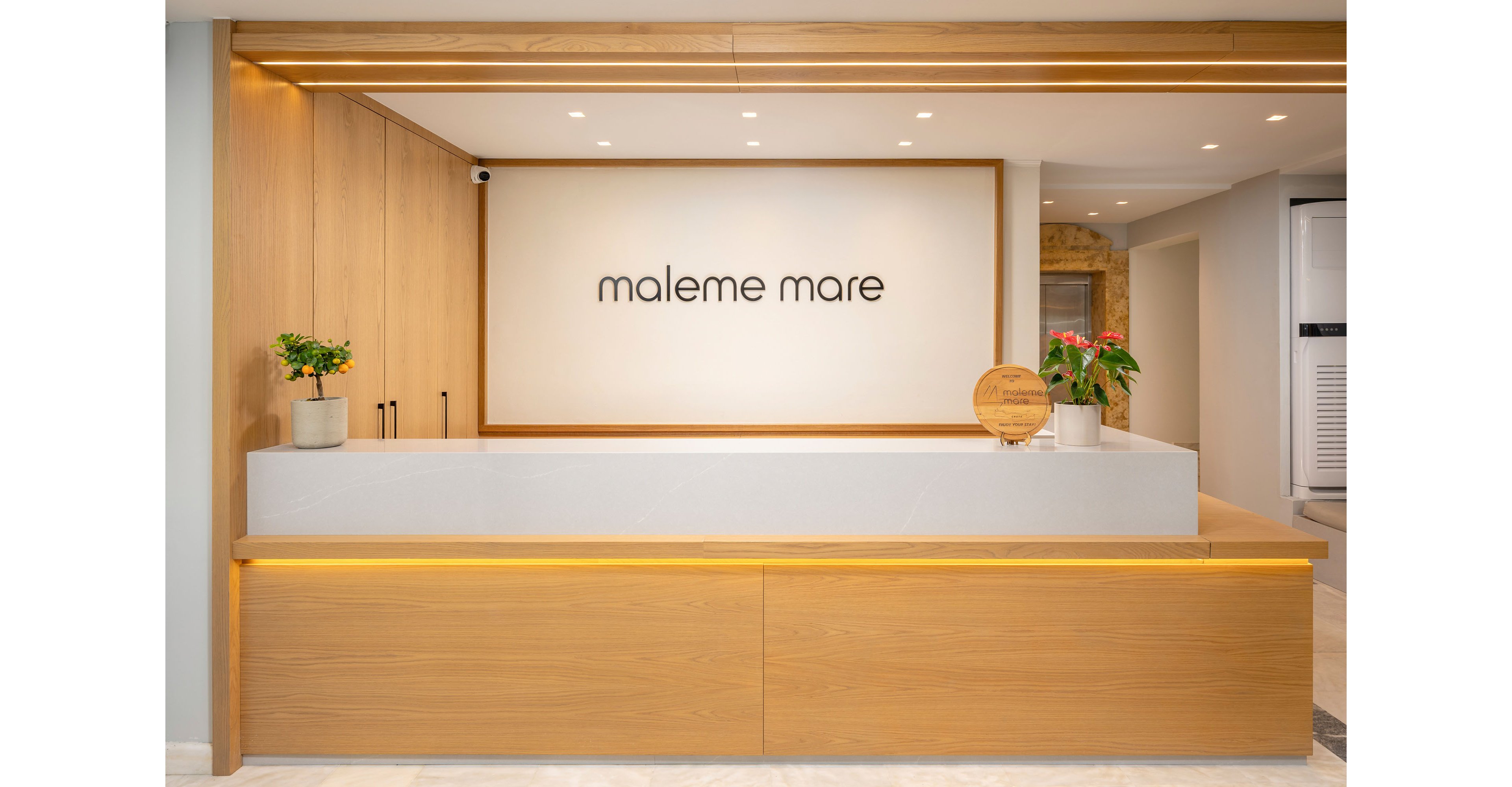 A contemporary reception area features a minimalist wooden front desk with a white countertop. The wall behind the desk displays the text "maleme mare" in simple black lettering. Warm recessed lighting highlights the clean lines of the interior, while small potted plants add a touch of greenery and color. The overall design feels welcoming, modern, and well-organized.