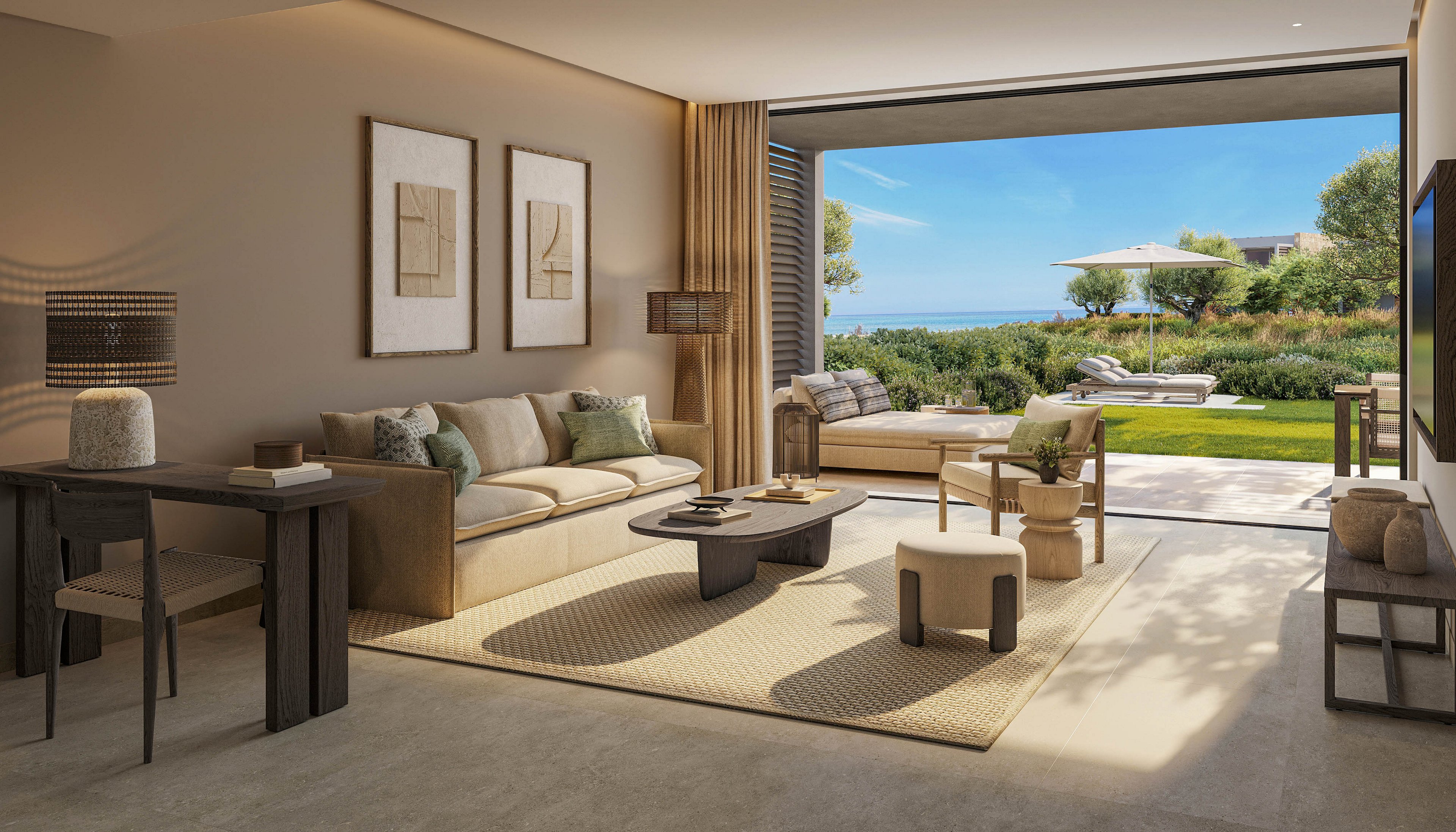 A contemporary living room features neutral-toned furniture and minimalist decor. Large sliding doors open to a lush garden and distant ocean view, creating an indoor-outdoor living space. Soft beige walls, textured rugs, and wooden accents contribute to a warm, natural atmosphere. Sunlight fills the room, highlighting the comfortable seating area and terrace lounge.