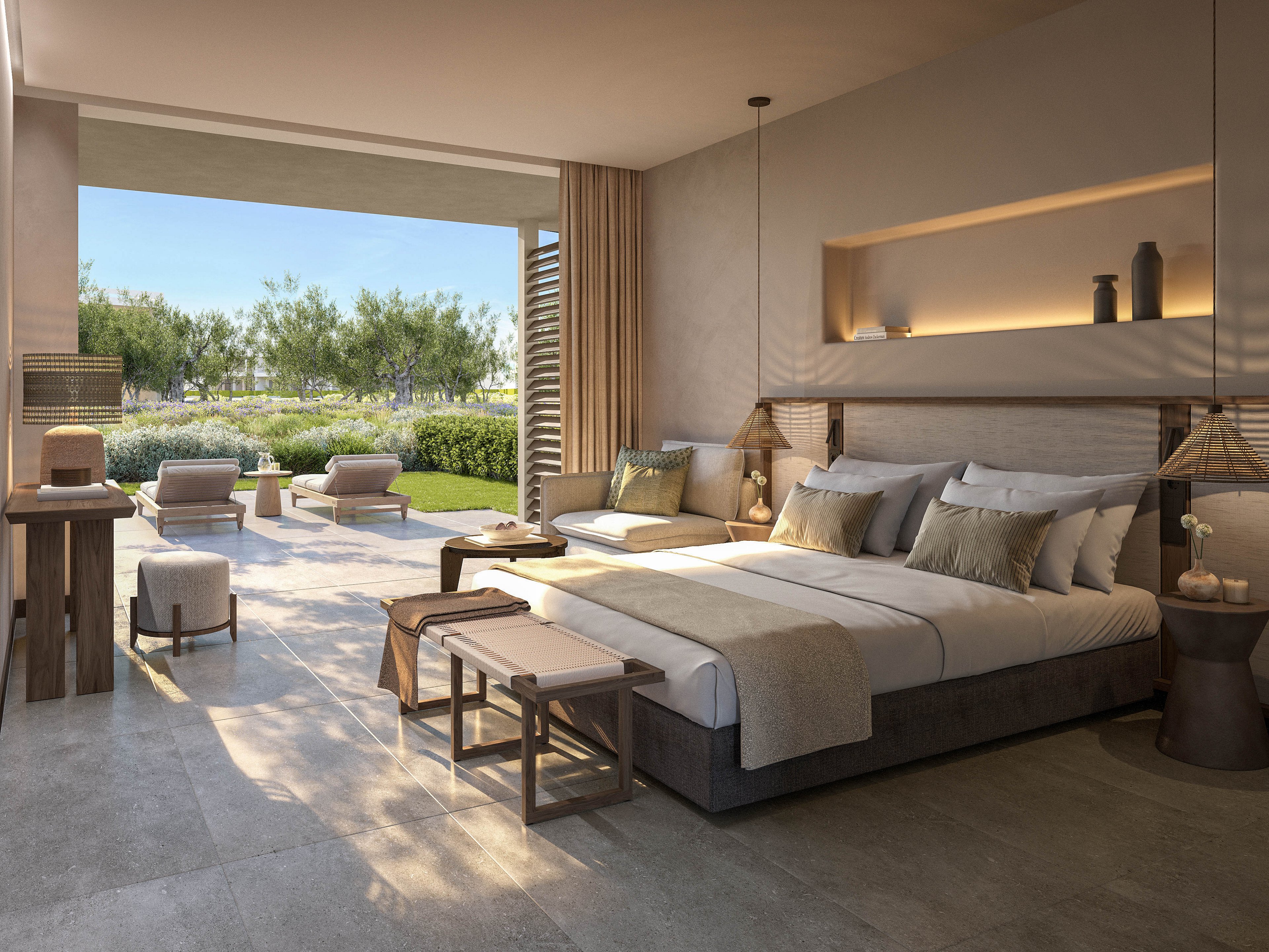 A spacious, contemporary bedroom features a large bed with neutral linens and wooden side tables. Floor-to-ceiling sliding doors open onto a sunlit terrace with lounge chairs and a view of manicured greenery. Soft beige and taupe tones, natural wood accents, and minimalist decor create a calm, upscale atmosphere. The room is bathed in natural light, emphasizing the clean lines and serene resort setting.