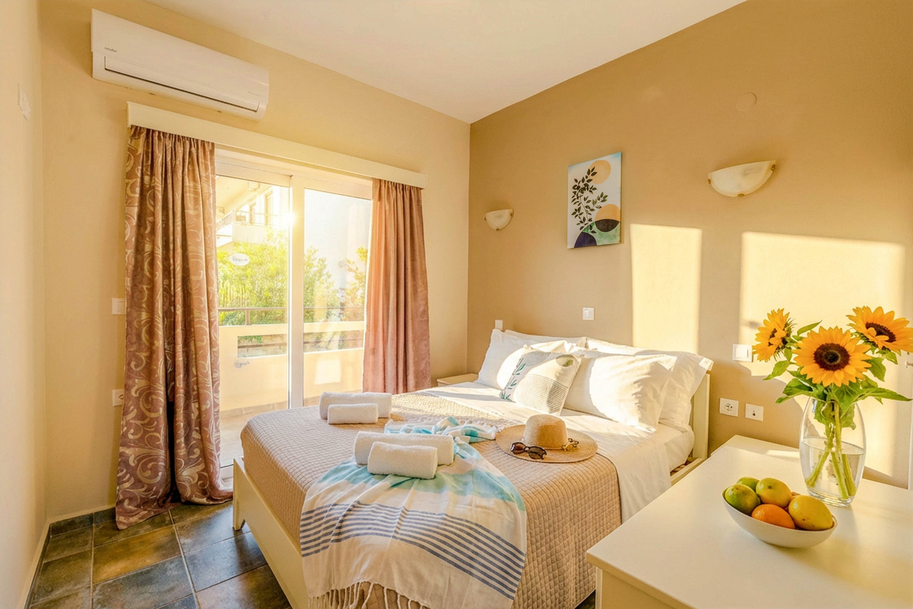 A bright, inviting bedroom features a neatly made double bed with white linens and decorative throws. Sunlight streams through large glass doors with mauve curtains, opening to a balcony with greenery outside. The room is accented by a vase of fresh sunflowers, a bowl of fruit, and soft beige walls, creating a warm and welcoming atmosphere. Towels and hats are arranged on the bed, suggesting a vacation or relaxing retreat. An air conditioning unit is visible above the window.