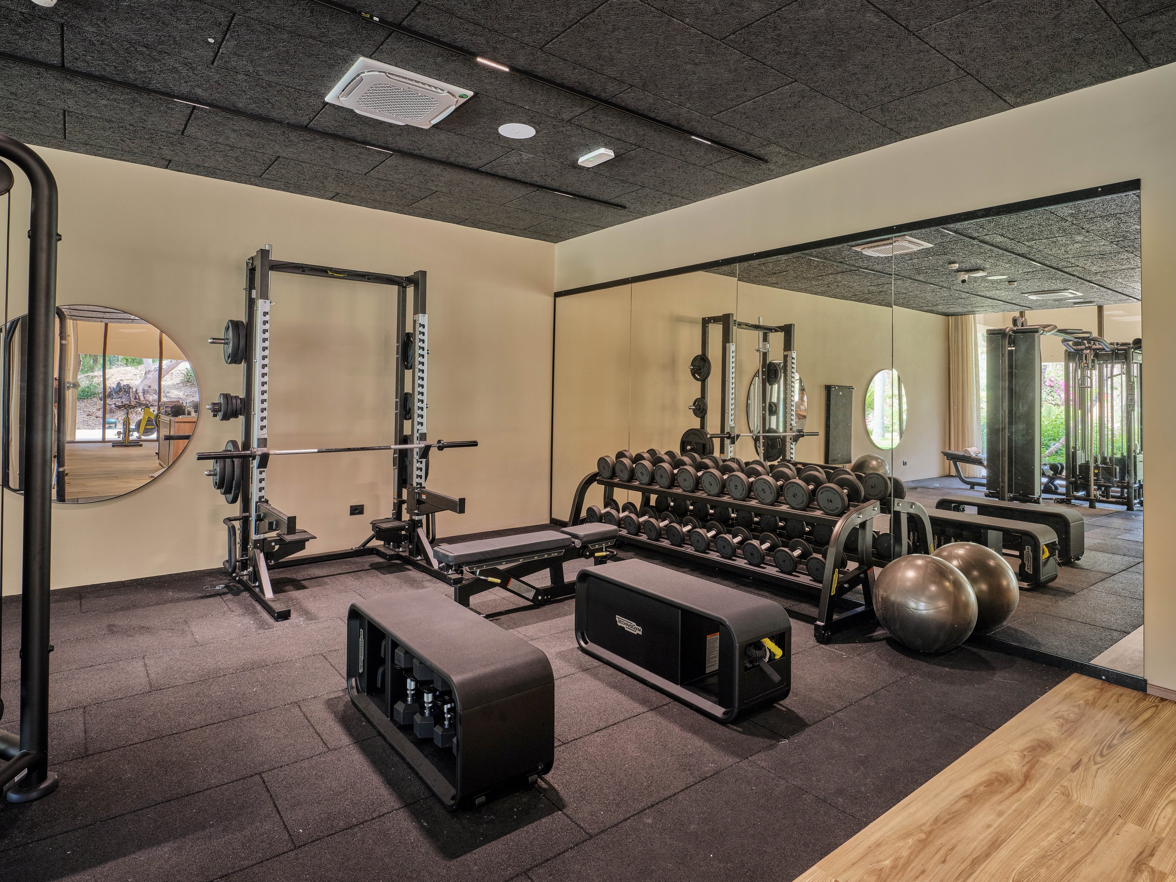 A contemporary indoor gym features a variety of strength training equipment, including a squat rack, dumbbell rack, benches, and exercise balls. Large mirrors line the wall, visually expanding the space and reflecting the workout area. The room has dark acoustic ceiling panels, rubber flooring in the training zone, and wood-style flooring near the entrance. Natural light enters through round windows, adding brightness to the clean, organized fitness environment.