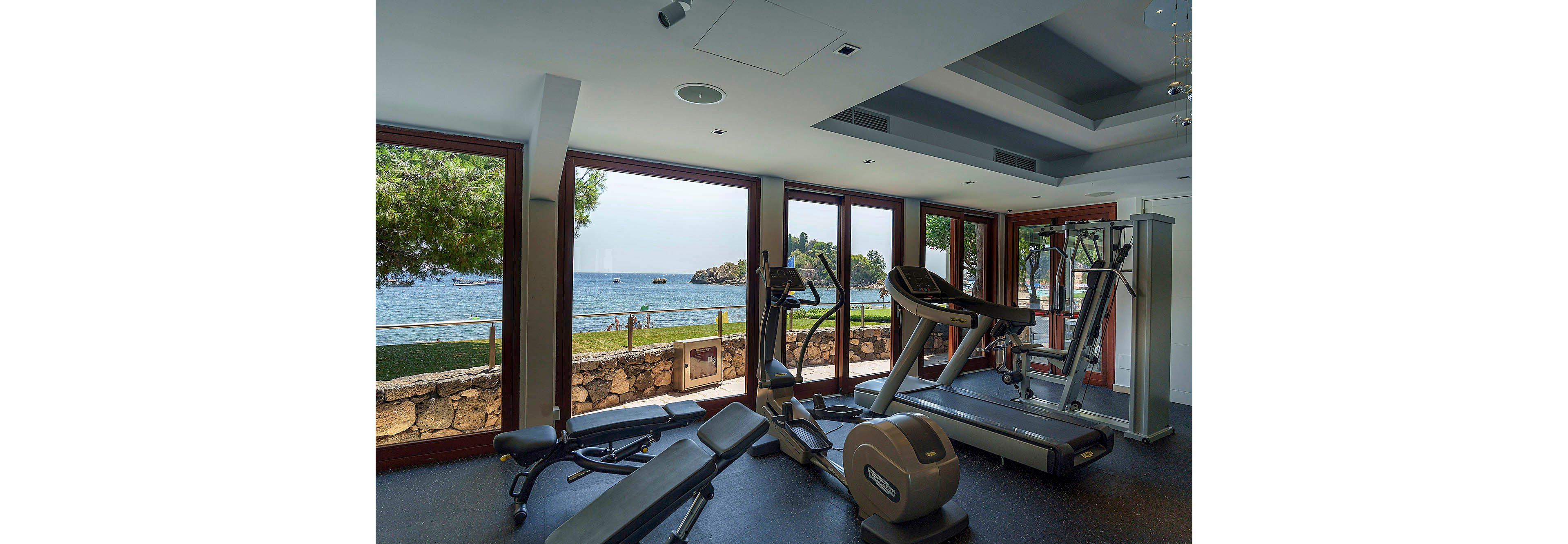 A contemporary fitness room features treadmills, elliptical machines, and exercise bikes positioned near large windows overlooking a scenic oceanfront. The gym is well-lit with natural daylight, offering a tranquil and motivating atmosphere for workouts. The outdoor landscape includes trees, stone walls, and clear blue water, enhancing the relaxing mood of the space.