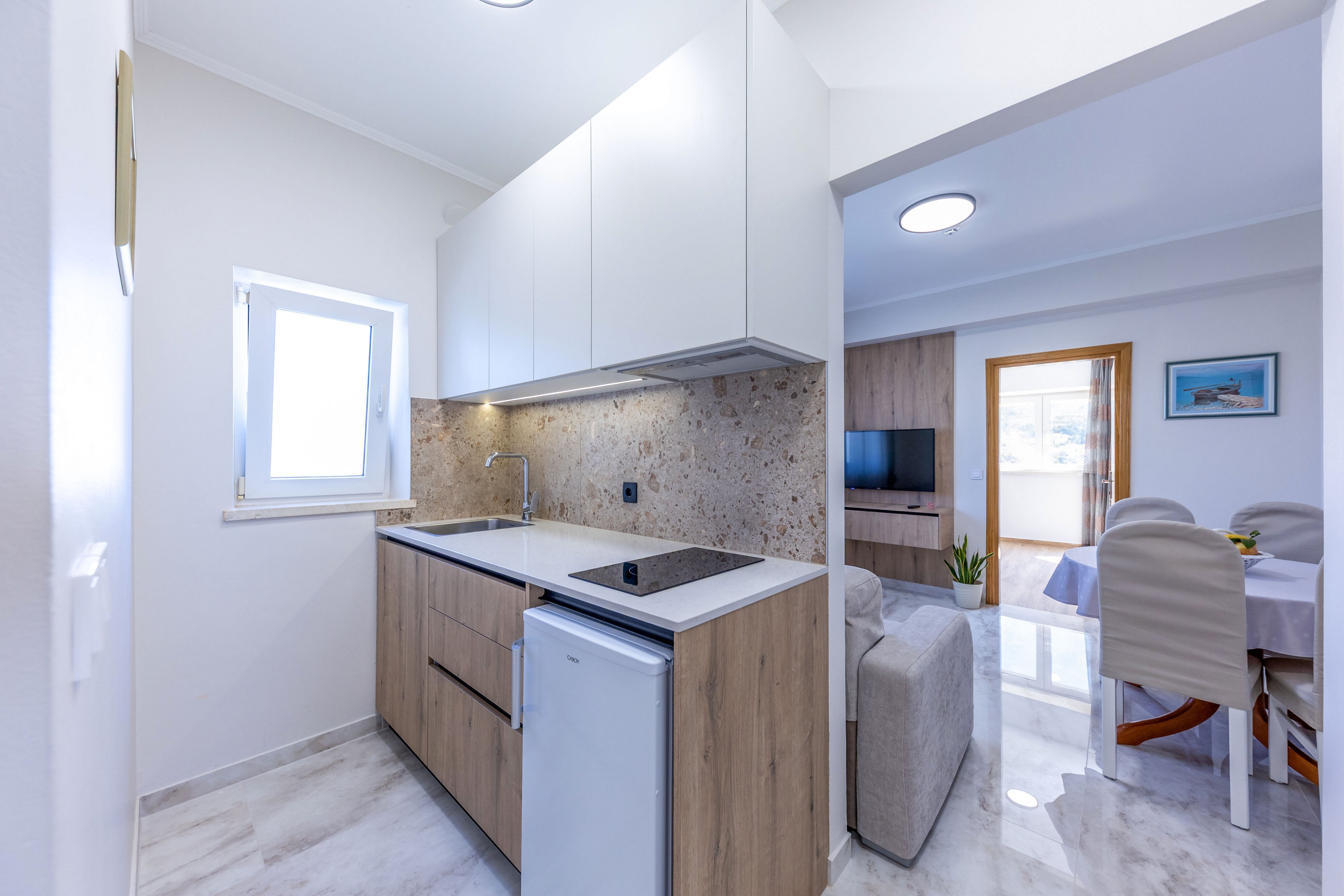A small contemporary kitchenette features wood-textured lower cabinets, white upper cabinets, and a light stone backsplash. A compact refrigerator and built-in cooktop are integrated into the minimalist design. The space opens into a living and dining area with a sofa, television, and dining table with upholstered chairs. Bright natural light enters through the window and glass door, highlighting the clean, modern interior.
