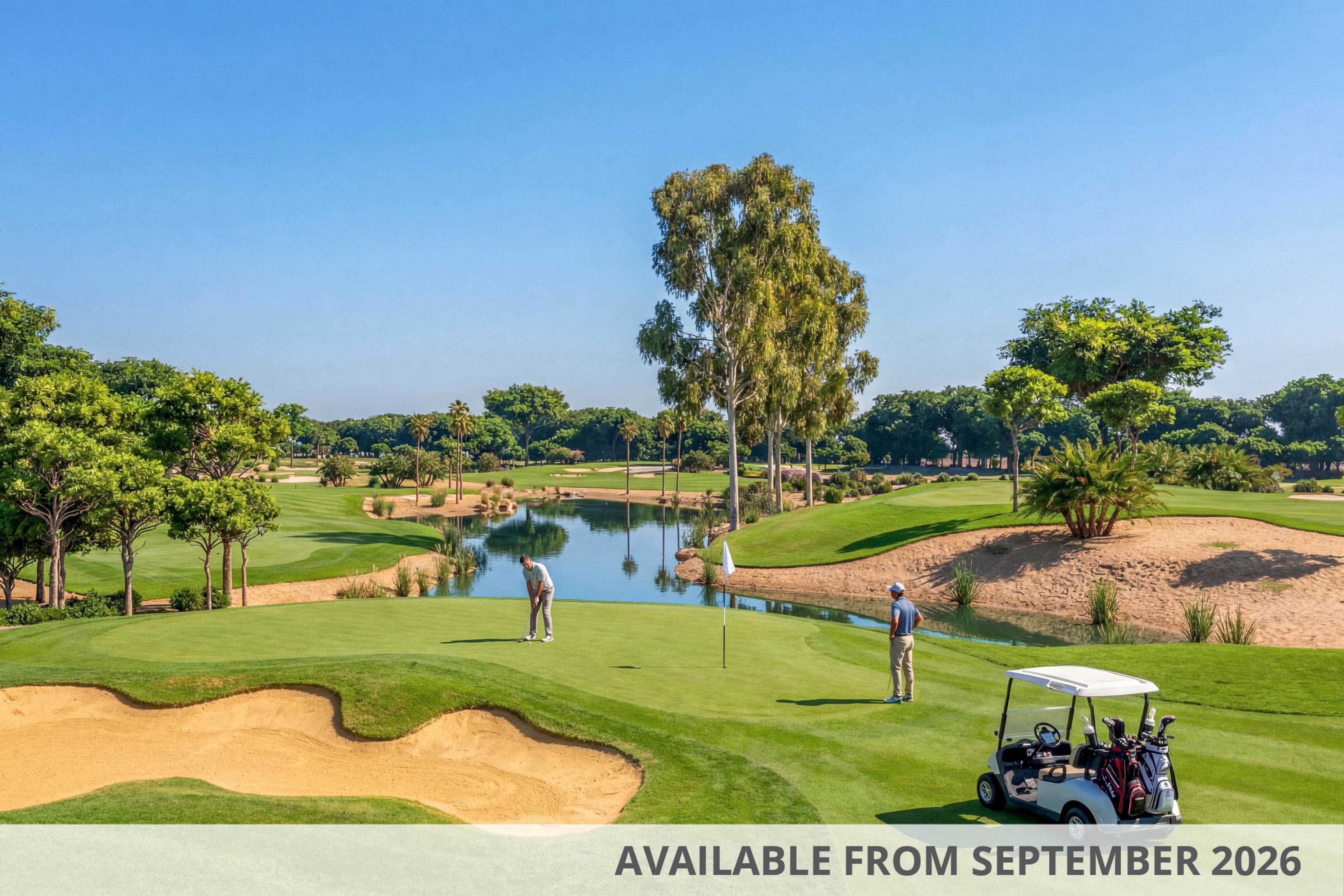 Two golfers stand on a manicured green near a flagstick on a sunny day. A golf cart with additional players is parked nearby on the fairway. The course features sand bunkers, a reflective lake, and lush trees under a clear blue sky. The scene conveys a relaxed, recreational atmosphere in a well-maintained golf resort setting.