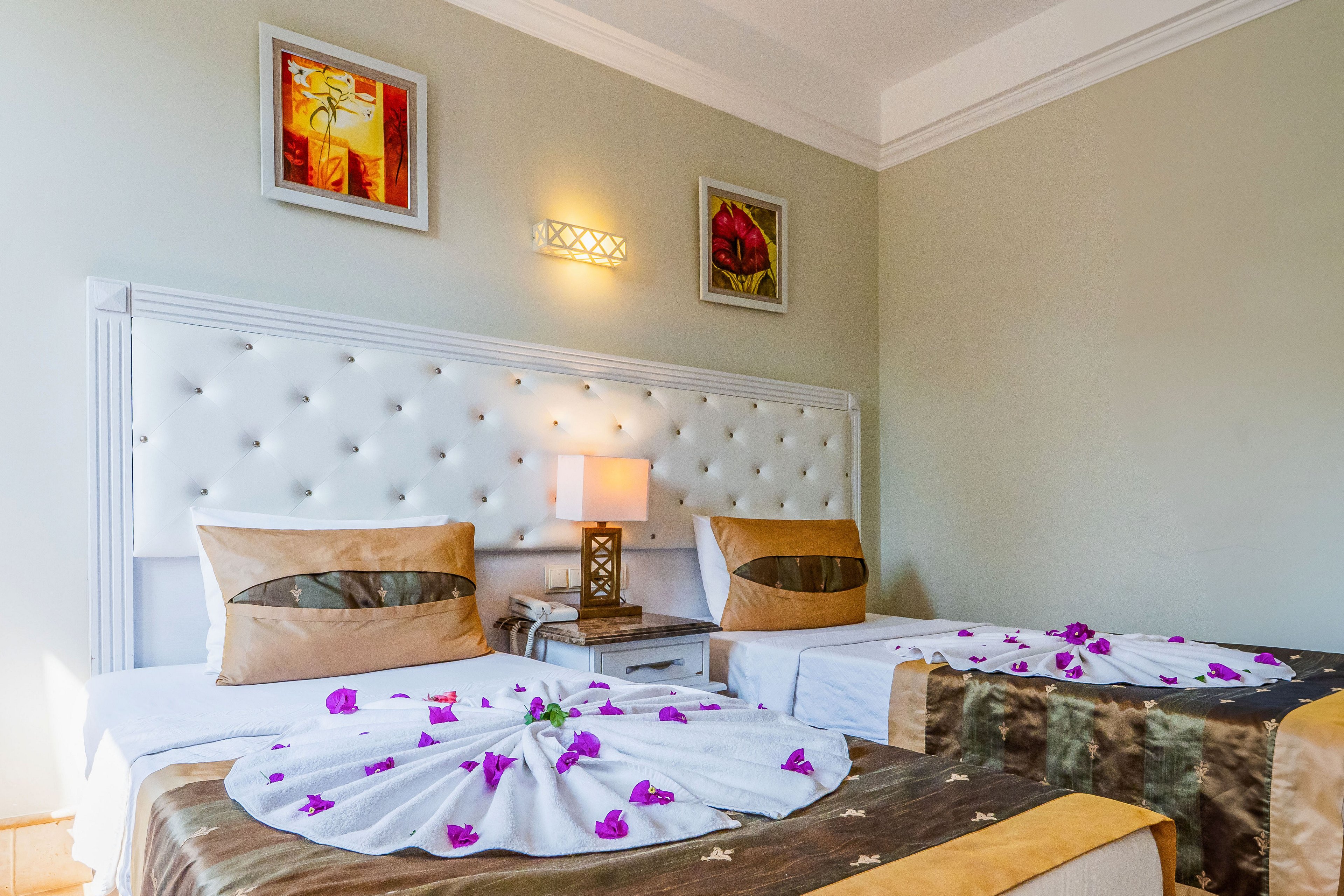 A neatly arranged hotel room features two twin beds with a tufted white headboard. Each bed is decorated with folded white linens and scattered purple flower petals, creating a welcoming touch. A bedside table with a decorative lamp sits between the beds, adding warm ambient light. Minimalist wall art and soft neutral colors contribute to a clean, modern, and inviting atmosphere.