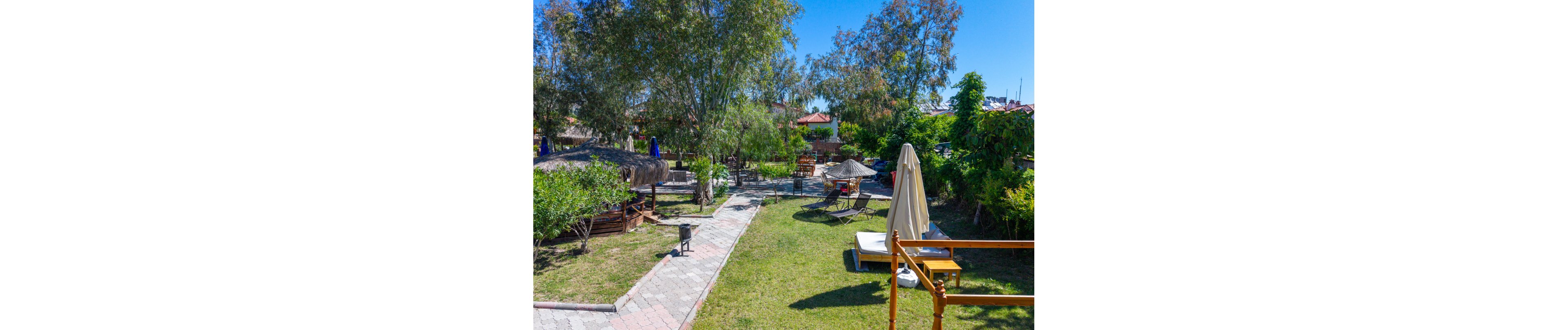 A sunny garden resort area features lounge chairs and large sun umbrellas arranged on a well-kept lawn. Stone pathways wind through the grass, connecting shaded seating areas and small thatched structures. Mature trees and lush green shrubs provide natural shade and frame the view toward low buildings in the background. The bright blue sky and strong sunlight create a vibrant, summery atmosphere ideal for outdoor relaxation.
