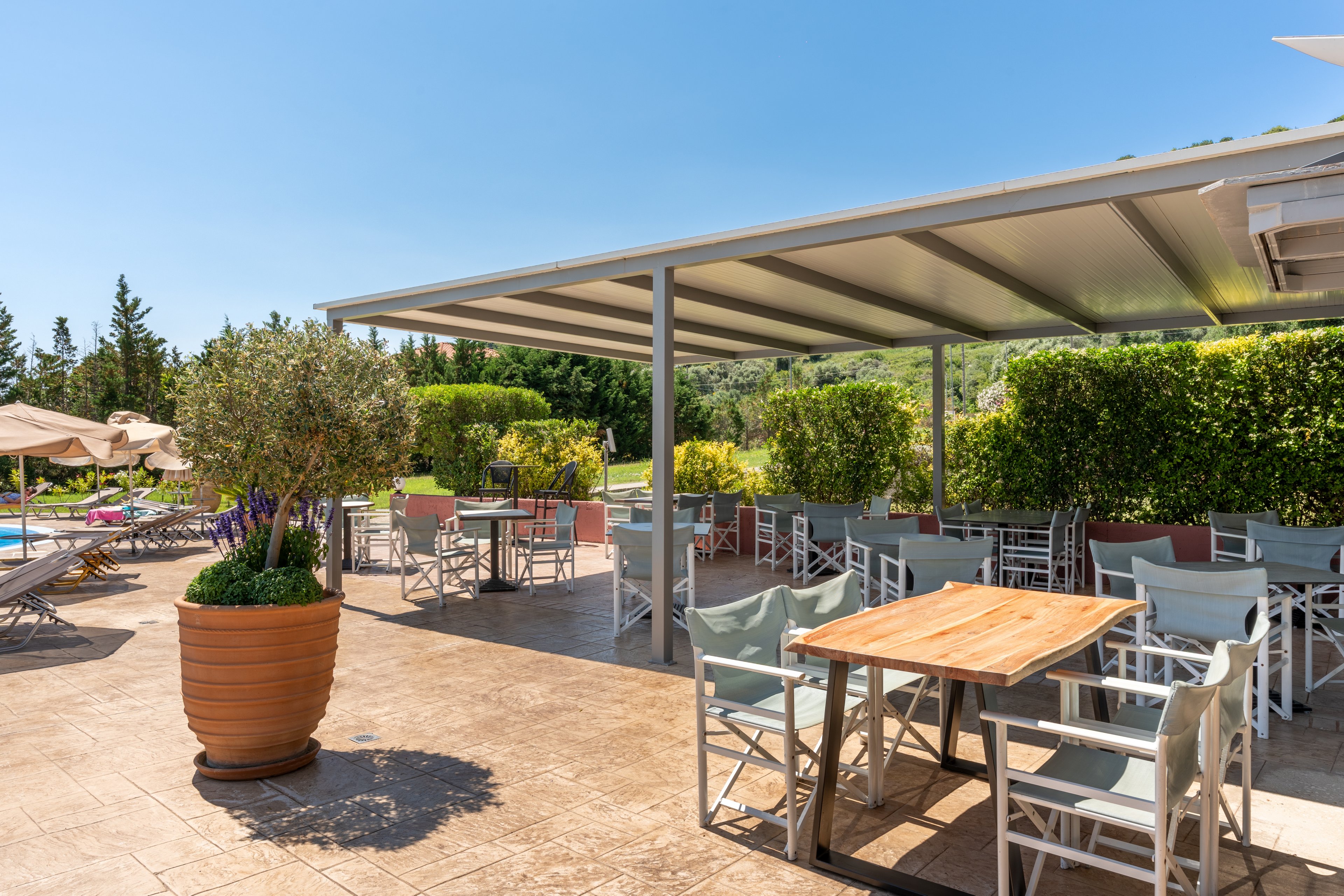 An open-air cafe terrace features neatly arranged tables and chairs under a modern metal canopy. The setting is bright and sunny, with a tiled floor and a large potted plant in the foreground casting a shadow. In the background, green hedges and trees frame the space, while poolside loungers and umbrellas suggest a resort environment. The overall atmosphere is relaxed and inviting, ideal for outdoor dining or leisure.