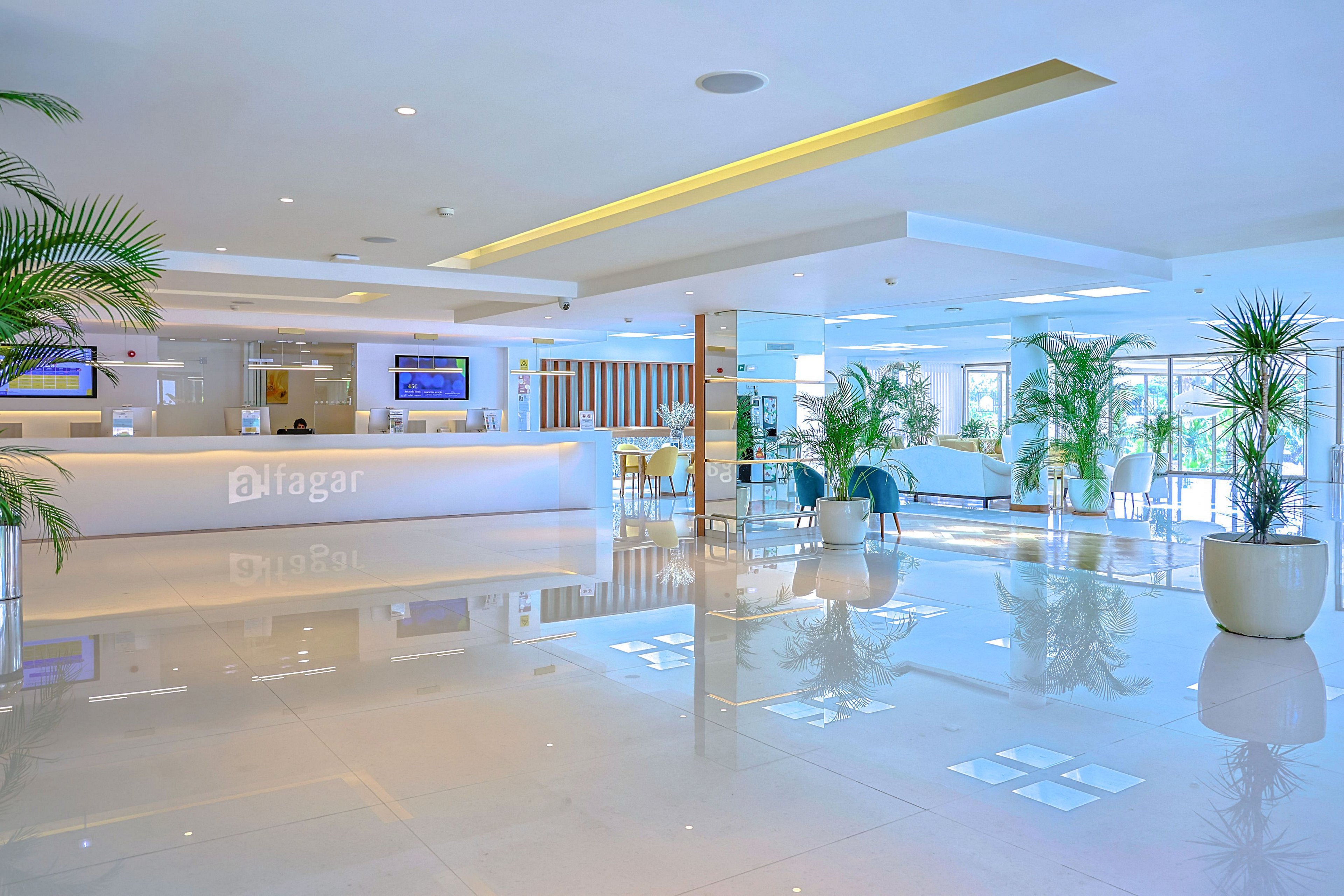 Spacious contemporary hotel lobby featuring a sleek white reception counter and glossy tiled floor. Large potted green plants frame the space, adding a fresh, tropical feel. Natural light floods in through wide windows, illuminating seating areas and decor in soft neutral tones. Digital screens above the desk display colorful visuals, enhancing the modern atmosphere.