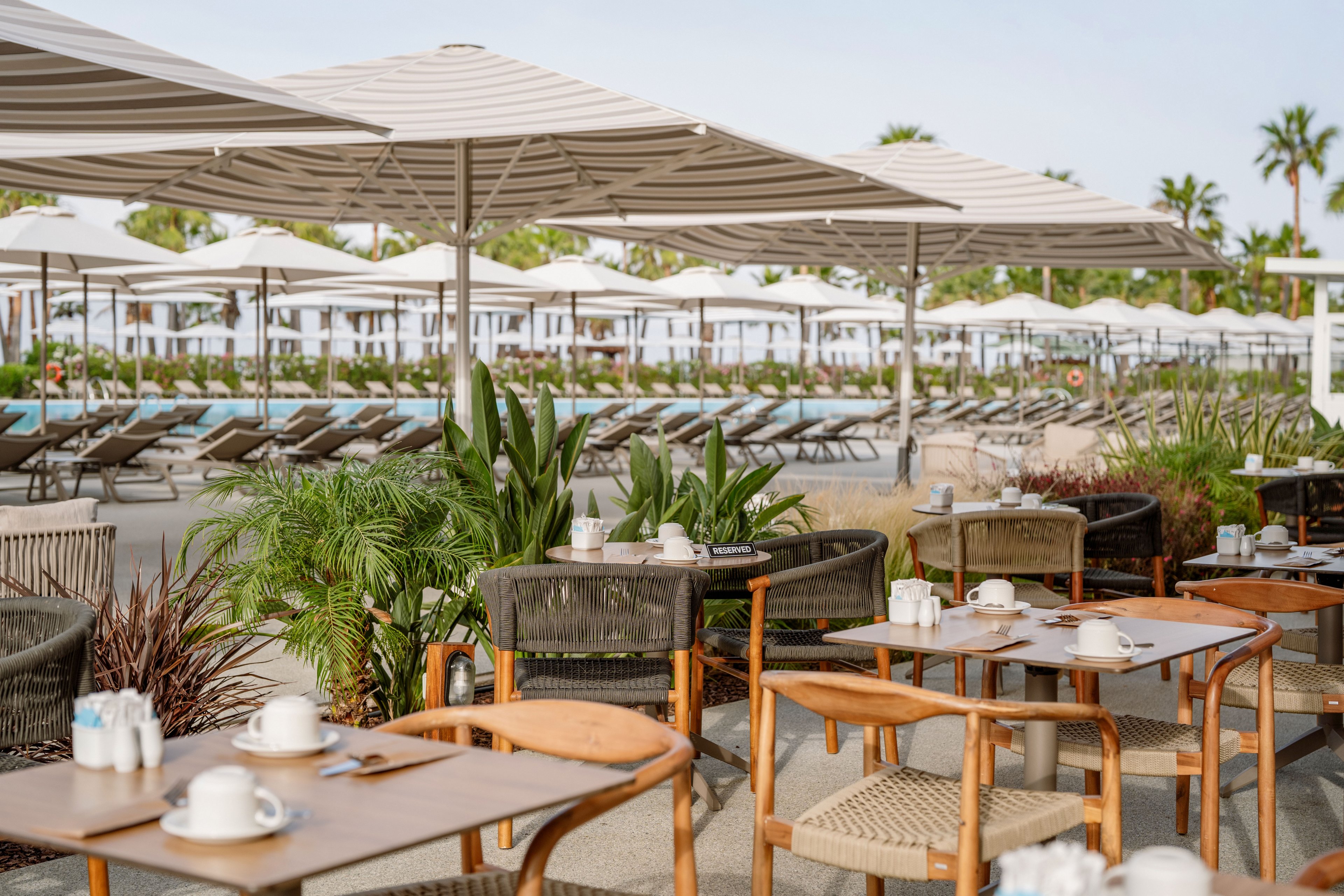 An outdoor café area is set with wooden tables and wicker chairs near a resort swimming pool. White cups, saucers, and cutlery are neatly arranged on the tables, suggesting a relaxed breakfast or coffee service. Large striped umbrellas provide shade over both the dining area and rows of sun loungers in the background. Tropical plants and palm trees enhance the serene, vacation-like atmosphere under a bright, clear sky.