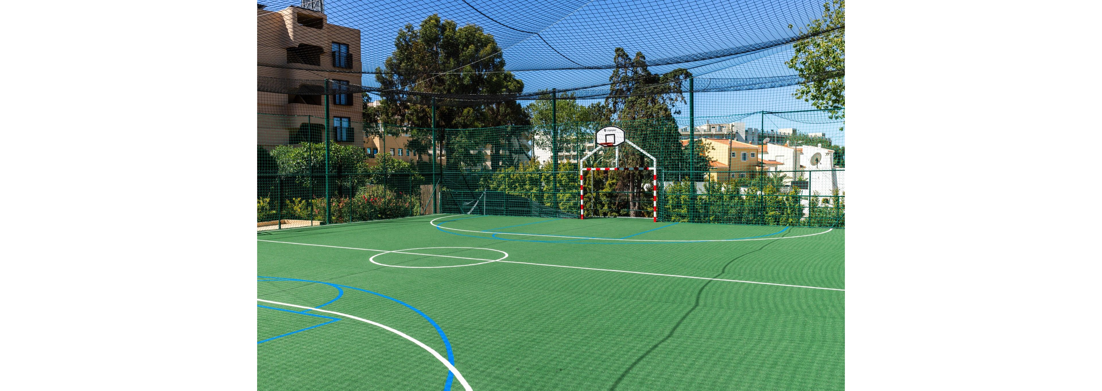 An empty outdoor multi-sport court features a green synthetic surface with blue and white field markings. At one end, a small basketball hoop is mounted above a red-and-white striped soccer or handball goal. The court is enclosed by high green fencing and overhead netting for ball containment. Residential buildings, trees, and greenery surround the area under a clear, sunny sky.