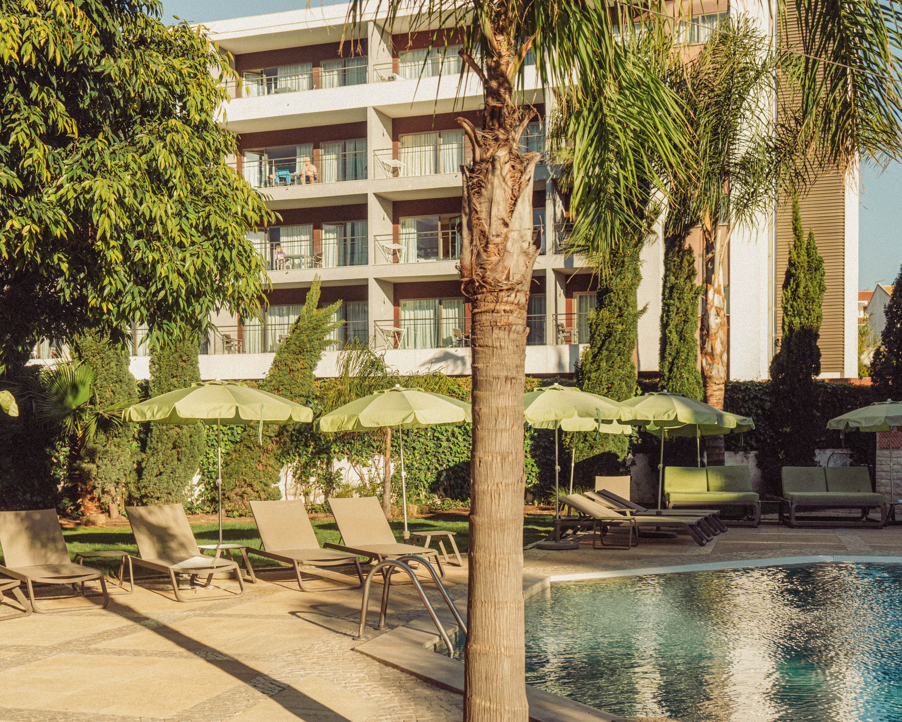 A modern hotel building overlooks a tranquil outdoor swimming pool. Several lounge chairs and green umbrellas are arranged neatly around the poolside area. Tall palm trees and lush greenery frame the scene, creating a resort-like atmosphere. Warm sunlight casts soft shadows, suggesting a relaxed vacation setting.