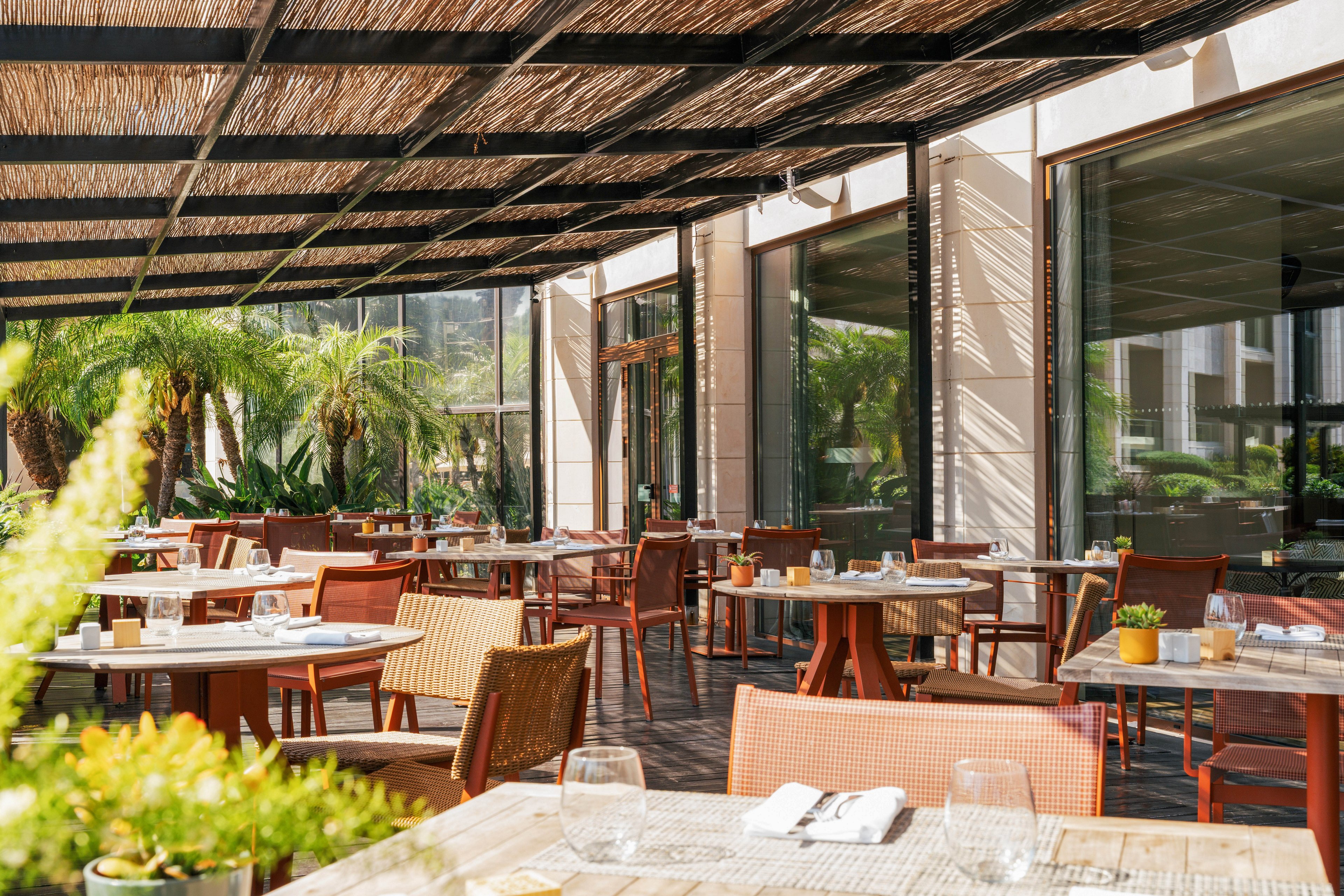 An inviting outdoor restaurant terrace features neatly arranged tables and chairs under a woven pergola roof. Glassware, placemats, and small potted plants decorate the tables, ready for guests but currently unoccupied. Large windows reflect the surrounding architecture and lush palm trees, enhancing the bright, sunny atmosphere. The scene suggests a relaxed dining experience in a warm, resort-like setting.