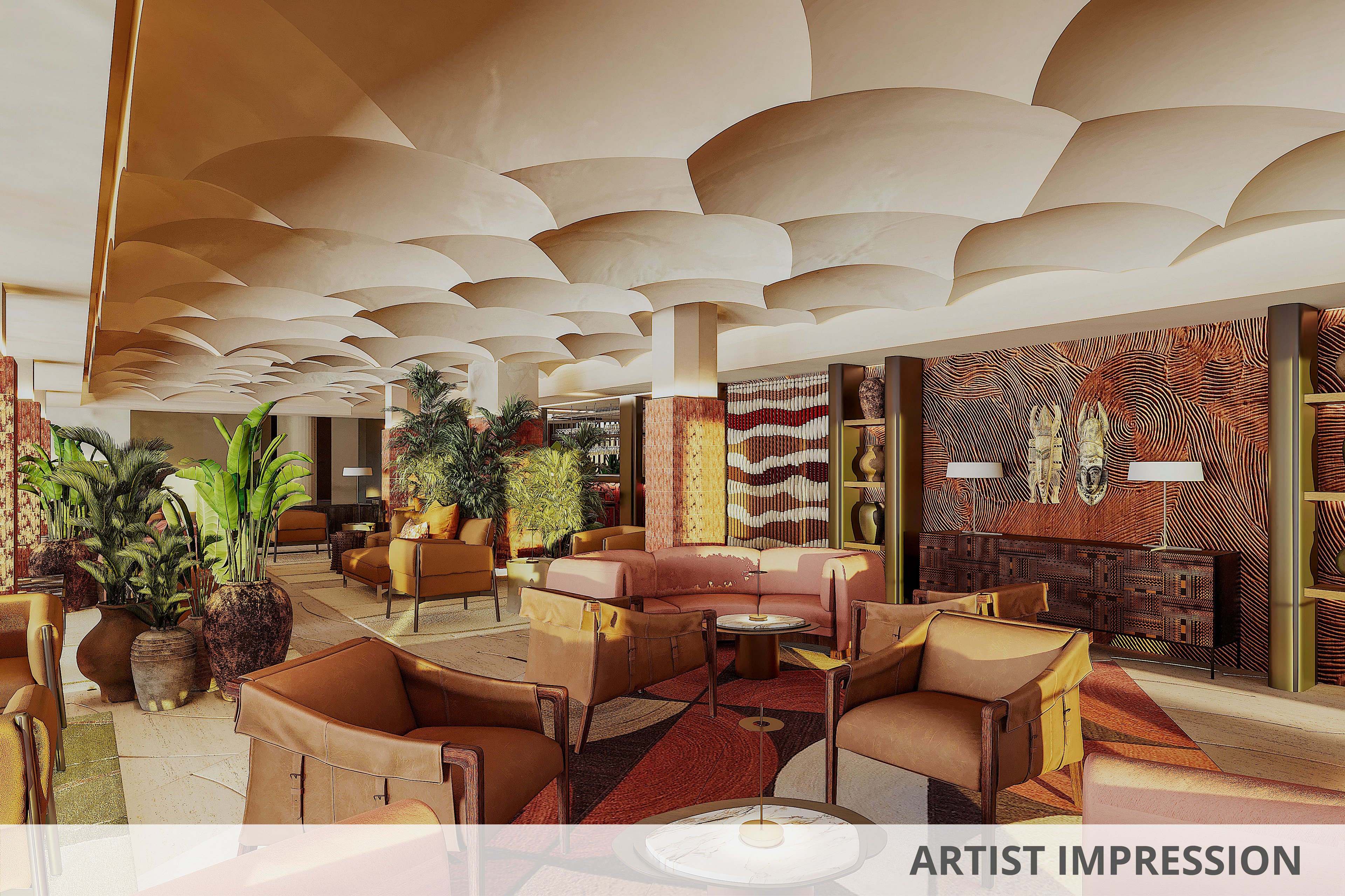 A spacious lounge features mid-century modern seating arranged in conversational groups. Warm earth tones, patterned rugs, and textured wall panels create a cozy, sophisticated atmosphere. Large potted plants add greenery throughout the room, complementing the soft, sculptural ceiling design. Ambient lighting and decorative artwork enhance the inviting, upscale interior setting.