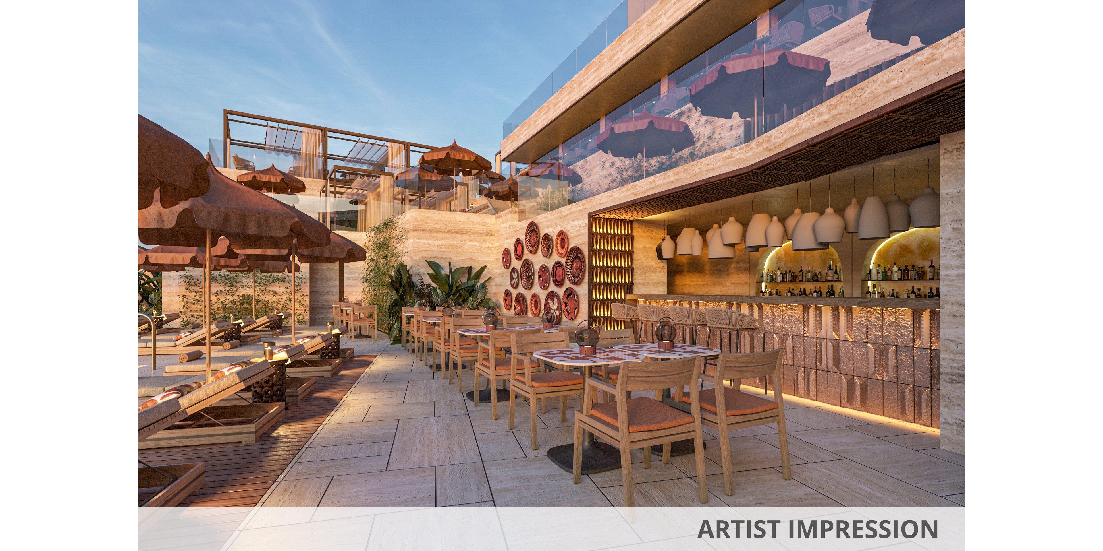 An elegant rooftop bar and dining terrace is shown under a clear evening sky. Wooden tables and chairs with neutral cushions are arranged beside a long bar with warm ambient lighting and hanging lamps. Sun loungers and parasols line the deck, suggesting a relaxing poolside or resort atmosphere. Decorative wall elements and potted plants add texture and a contemporary, upscale feel to the outdoor space.