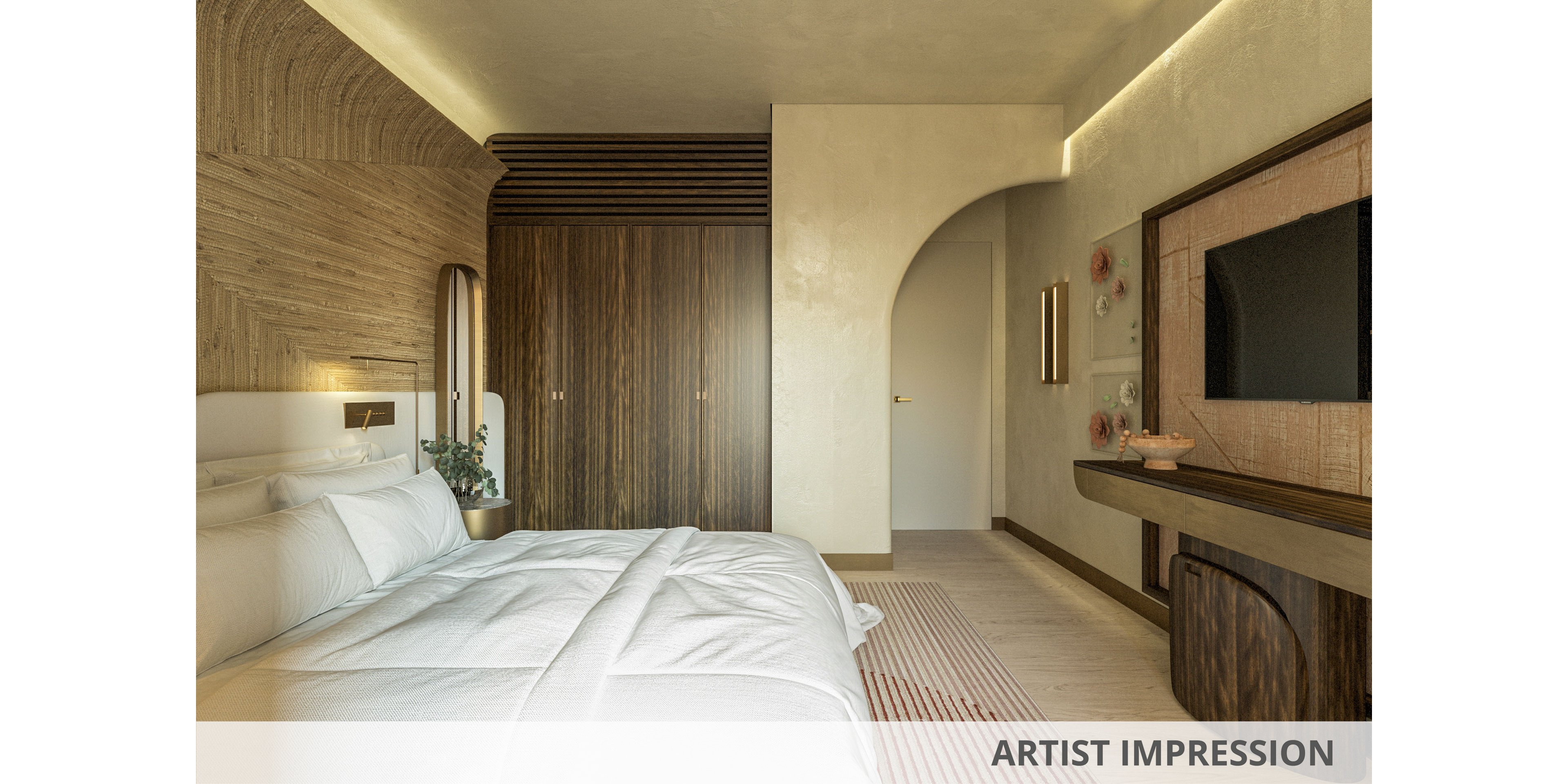 Contemporary bedroom interior featuring a neatly made double bed with white linens. The room includes a large wooden wardrobe, an arched doorway, and a wall-mounted television opposite the bed. Soft beige and wood tones create a warm, minimalist atmosphere, complemented by subtle decorative elements on the wall and console. Natural light and clean lines emphasize the modern, cozy feel of the space.
