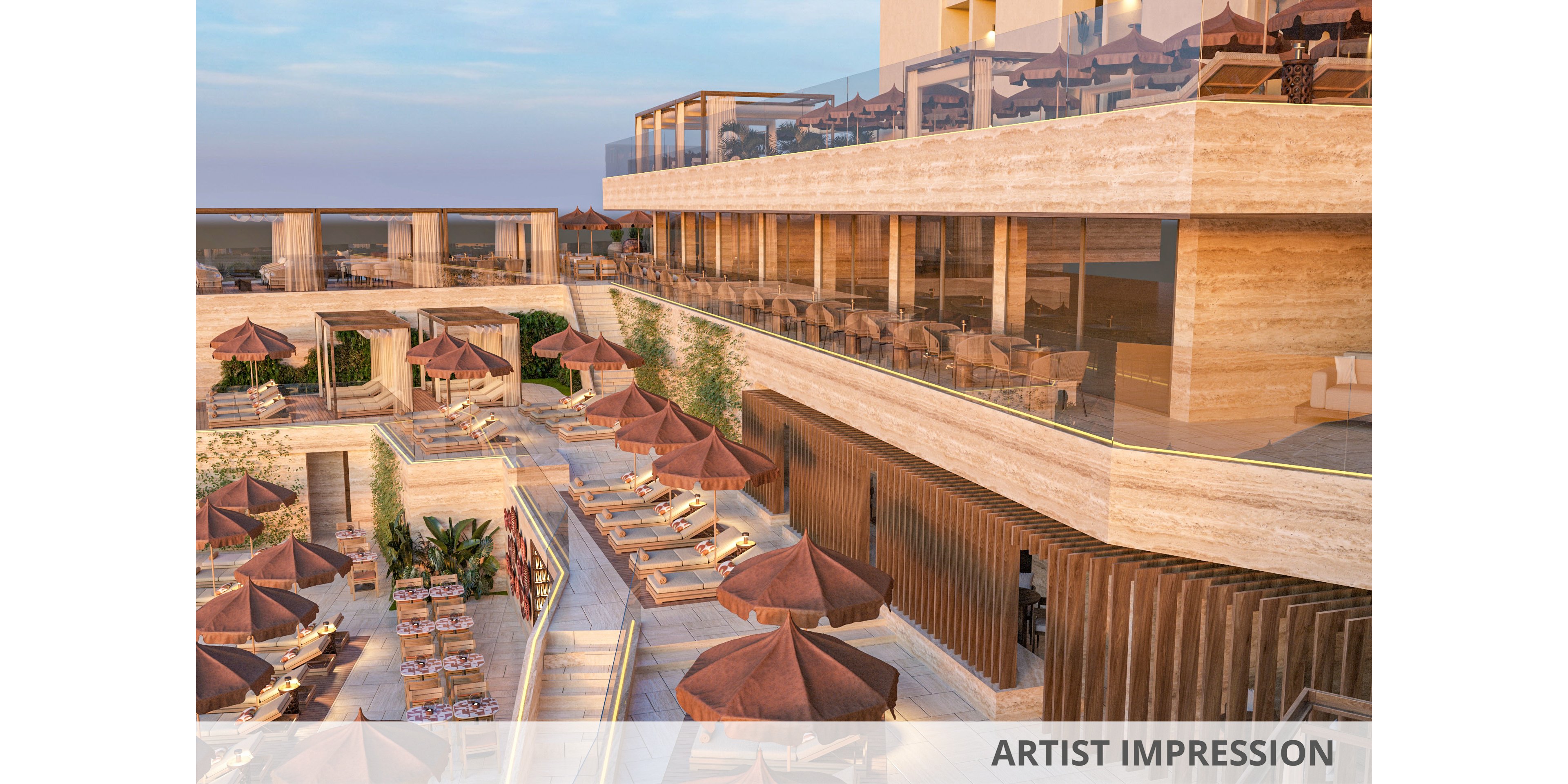 A multi-level luxury resort terrace features rows of sun loungers with brown umbrellas arranged around open-air seating areas. The architecture showcases warm stone textures, glass railings, and wooden accents overlooking a distant sea horizon. Outdoor dining tables and chairs are set neatly on lower levels, suggesting a relaxed vacation atmosphere. Soft evening light enhances the coastal setting and highlights the modern, elegant design.
