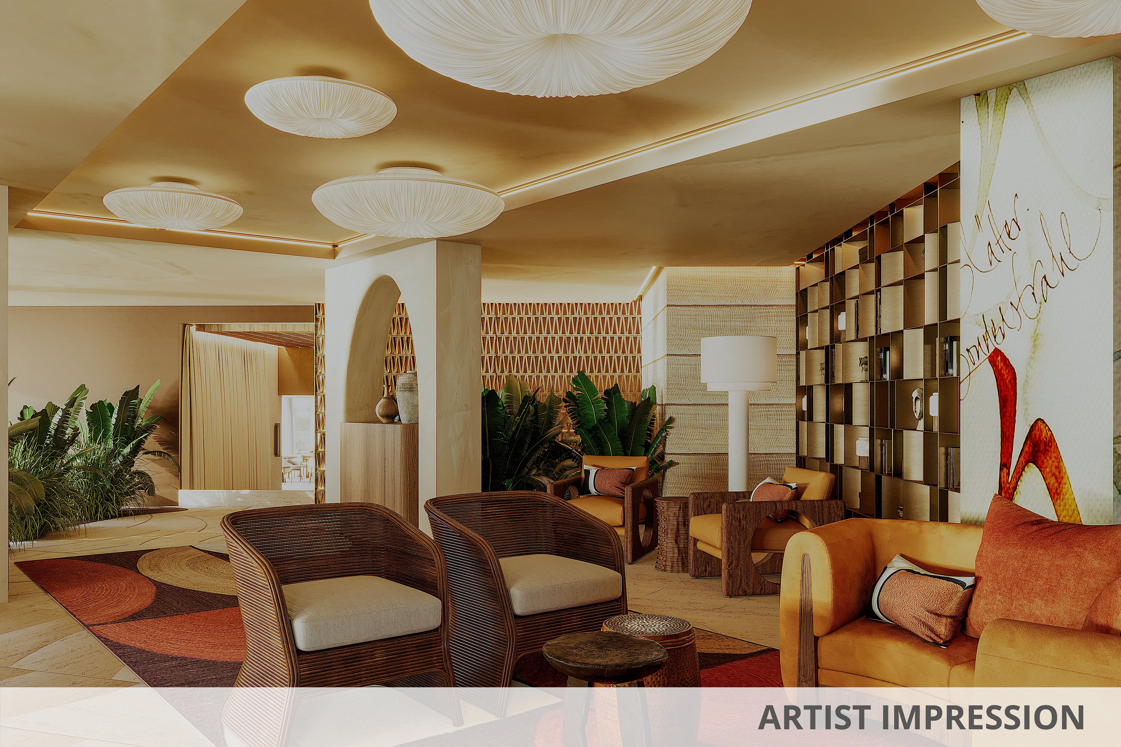 A stylish hotel lobby lounge features modern armchairs and sofas arranged around small wooden tables. The space is warmly lit with large round ceiling fixtures and a tall floor lamp, creating a cozy atmosphere. Decorative wall panels, plants, and patterned rugs add texture and color throughout the room. A mural with abstract artwork and subtle text accents the far wall, enhancing the contemporary design.