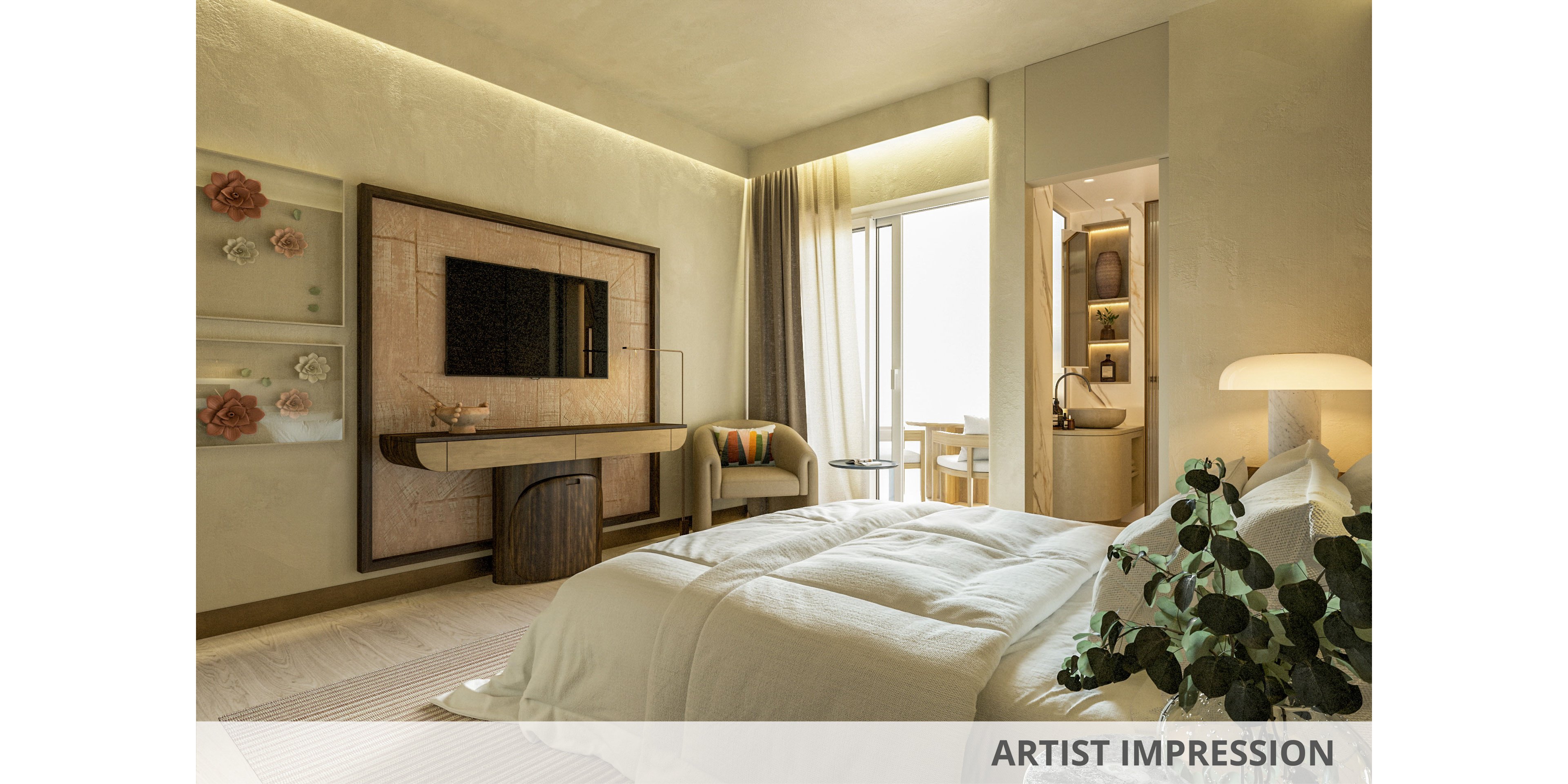 A contemporary bedroom features a large neatly made bed with soft white bedding and a light neutral color palette. A wall-mounted television sits above a sleek console, with decorative floral artwork adding subtle detail. Natural light streams in through floor-to-ceiling curtains and a glass door leading to a balcony or adjoining space. A cozy armchair, warm ambient lighting, and a potted plant create a calm, inviting atmosphere.