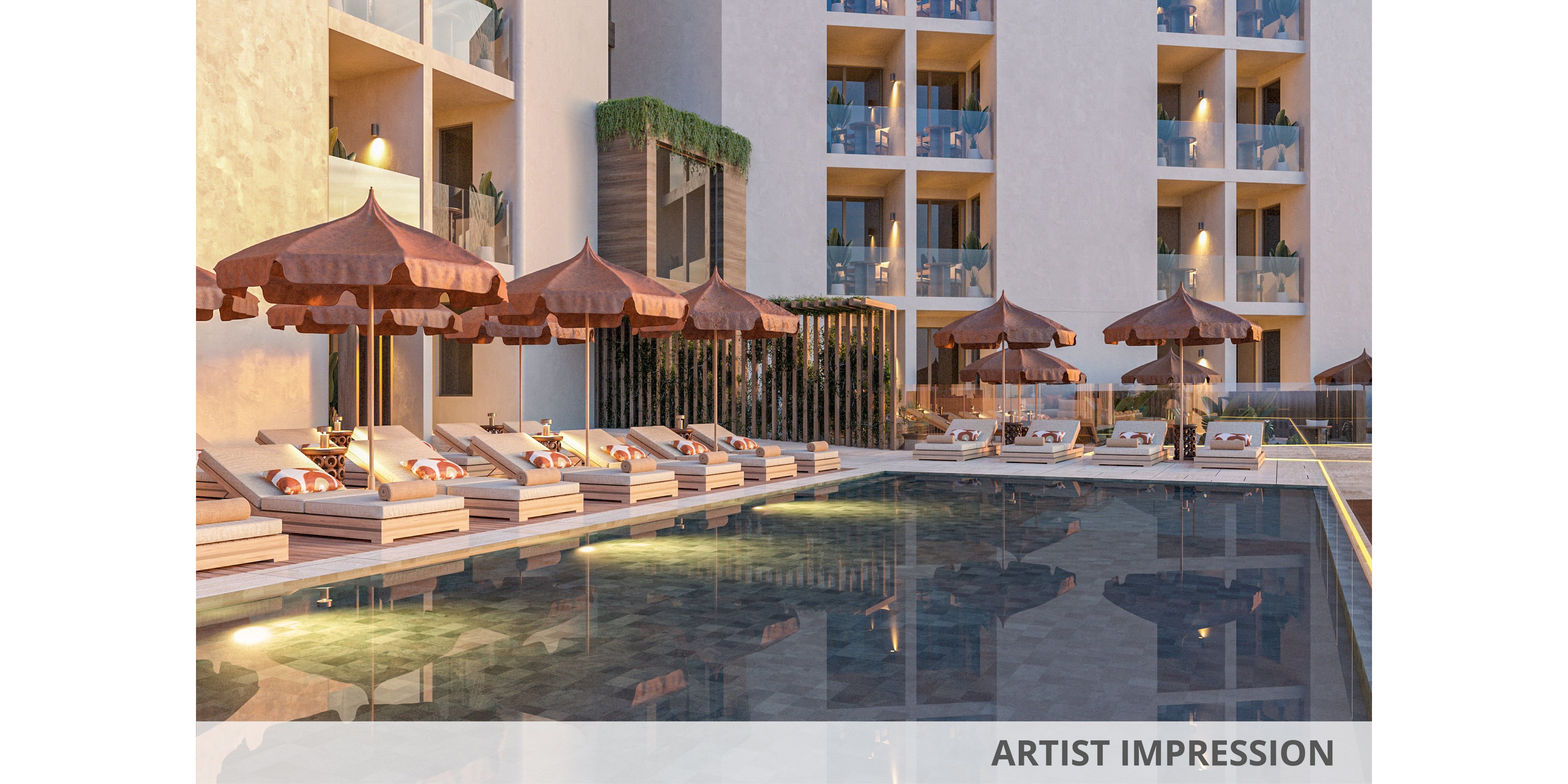 A modern resort swimming pool is lined with cushioned sun loungers and brown parasols, creating an inviting relaxation area. The scene is set at sunset or early evening, with warm lights glowing from the balconies of the multi-story hotel building in the background. Reflections of the architecture and umbrellas appear on the calm water surface, enhancing the tranquil atmosphere. Soft neutral tones and warm lighting contribute to a sophisticated, serene vacation mood.