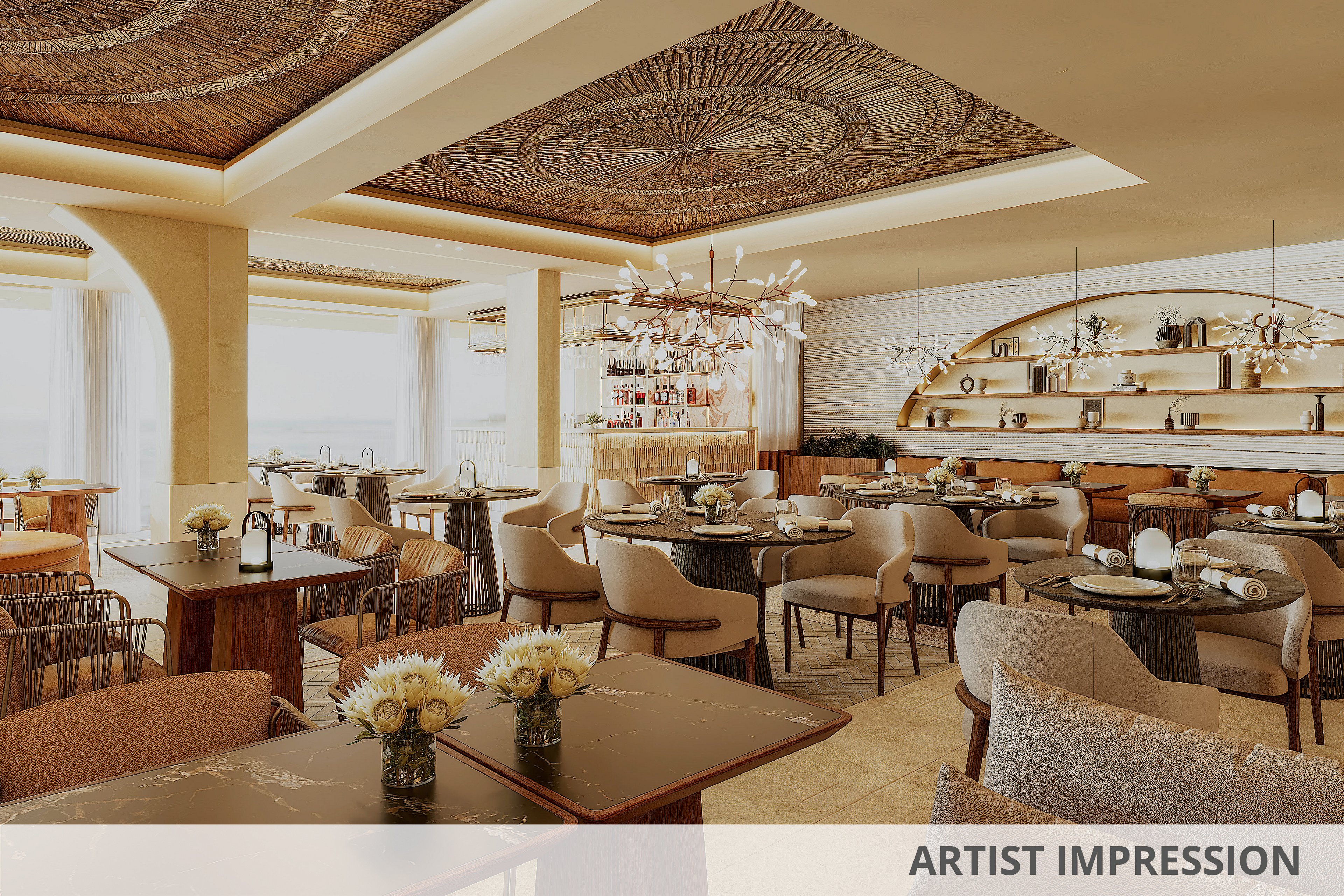 A stylish restaurant dining area features neatly arranged tables and cushioned chairs in a contemporary design. The setting includes large windows with soft daylight, a central chandelier, and decorative shelving along the back wall. Neutral tones of beige, brown, and cream create a warm, inviting atmosphere. Fresh flower arrangements and carefully set tableware add a refined, upscale touch to the space.